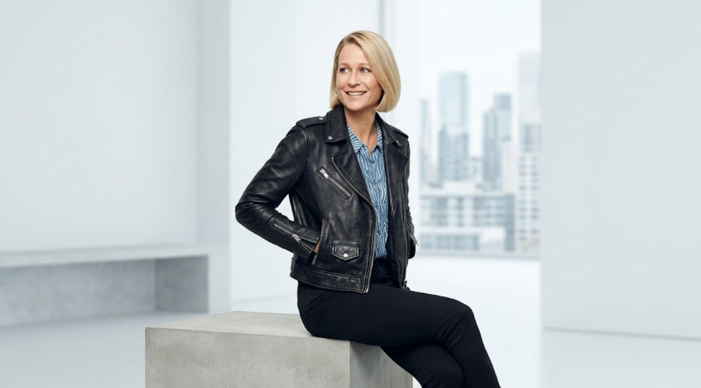 Sian Brooke Trying Season 5 Black Biker Leather Jacket with Asymmetrical Zip and Silver Hardware