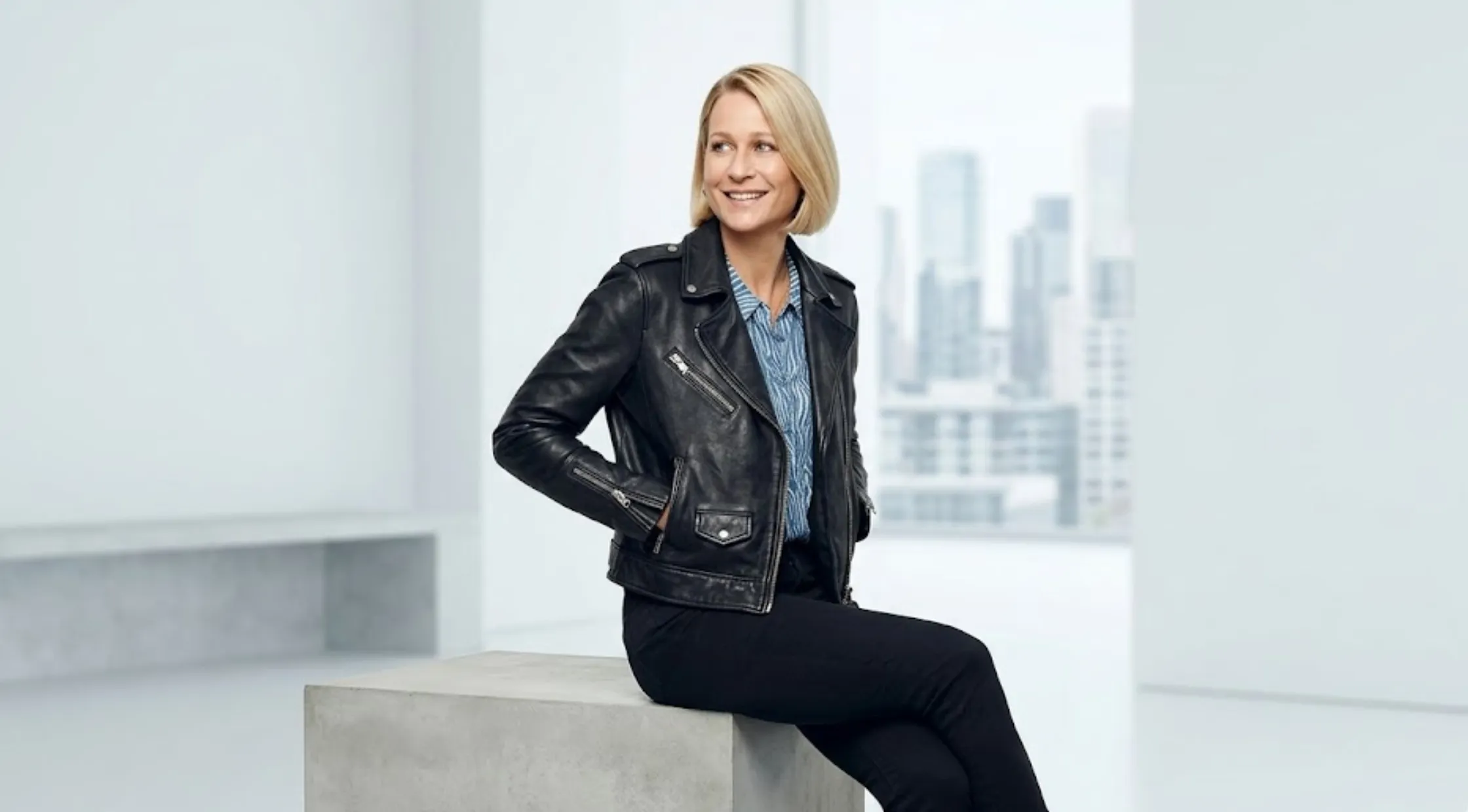 Sian Brooke Trying Season 5 Black Biker Leather Jacket with Asymmetrical Zip and Silver Hardware