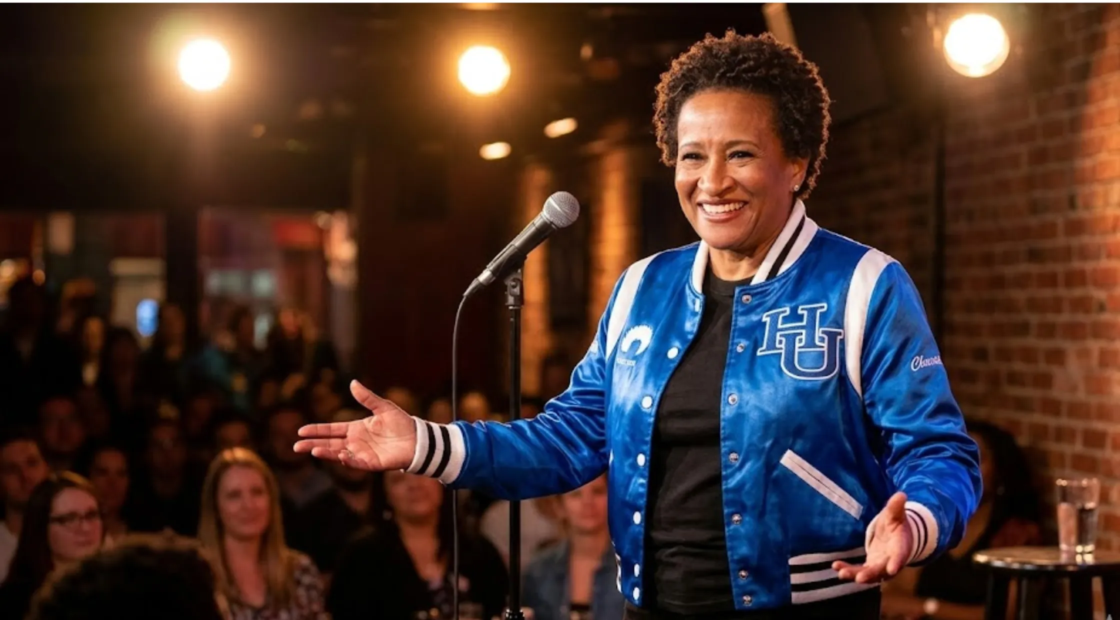 Wanda Sykes Legacy Hampton Pirates Blue Satin Varsity Jacket with Embroidered Crest and Rib Knit Trim