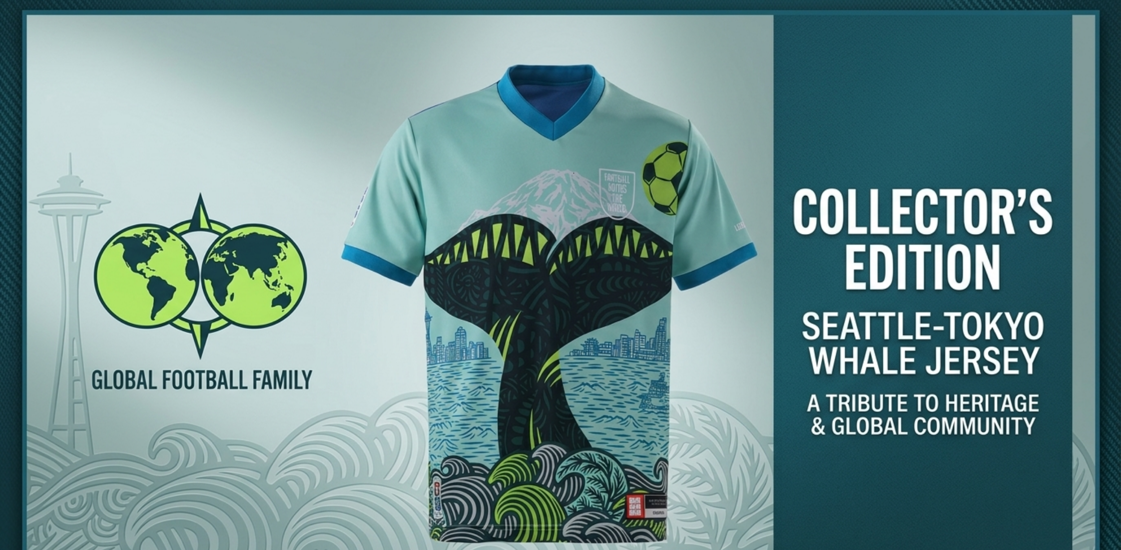 FIFA World Cup 2026 Seattle Jersey featuring Pacific Northwest inspired design with whale tail graphic, Mount Rainier backdrop, Seattle skyline, and seafoam green color theme.