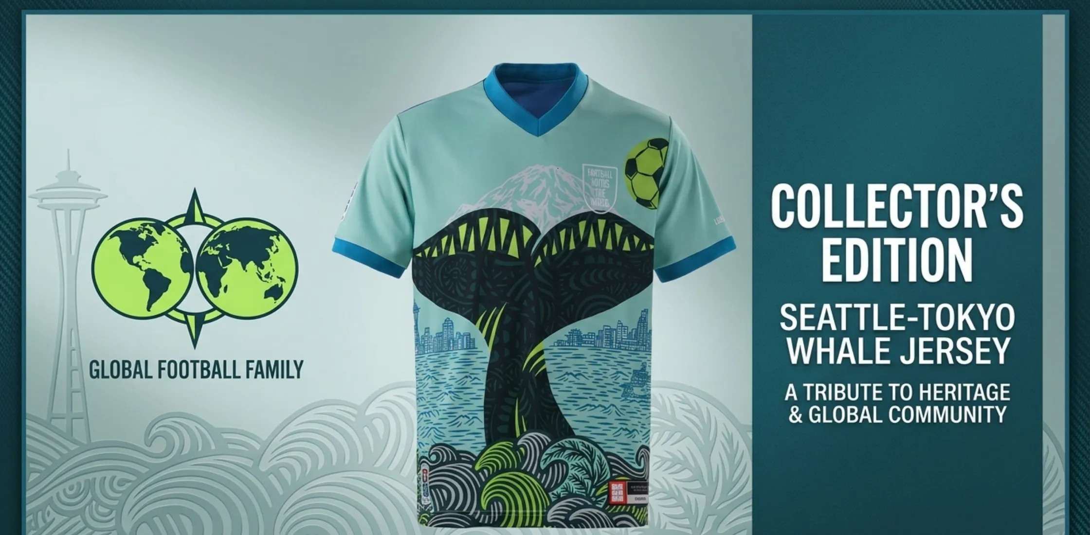 FIFA World Cup 2026 Seattle Jersey featuring Pacific Northwest inspired design with whale tail graphic, Mount Rainier backdrop, Seattle skyline, and seafoam green color theme.