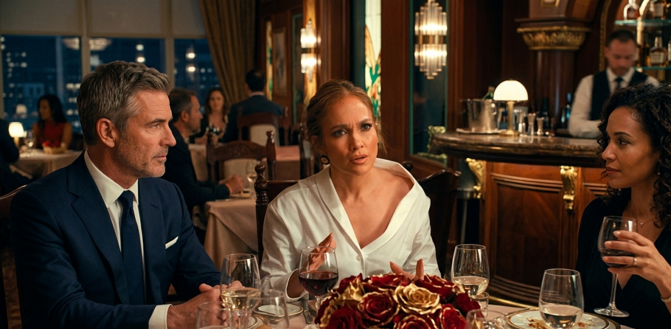 Jennifer Lopez inspired white wide collar button-down shirt from Office Romance 2026 showcasing executive office fashion style