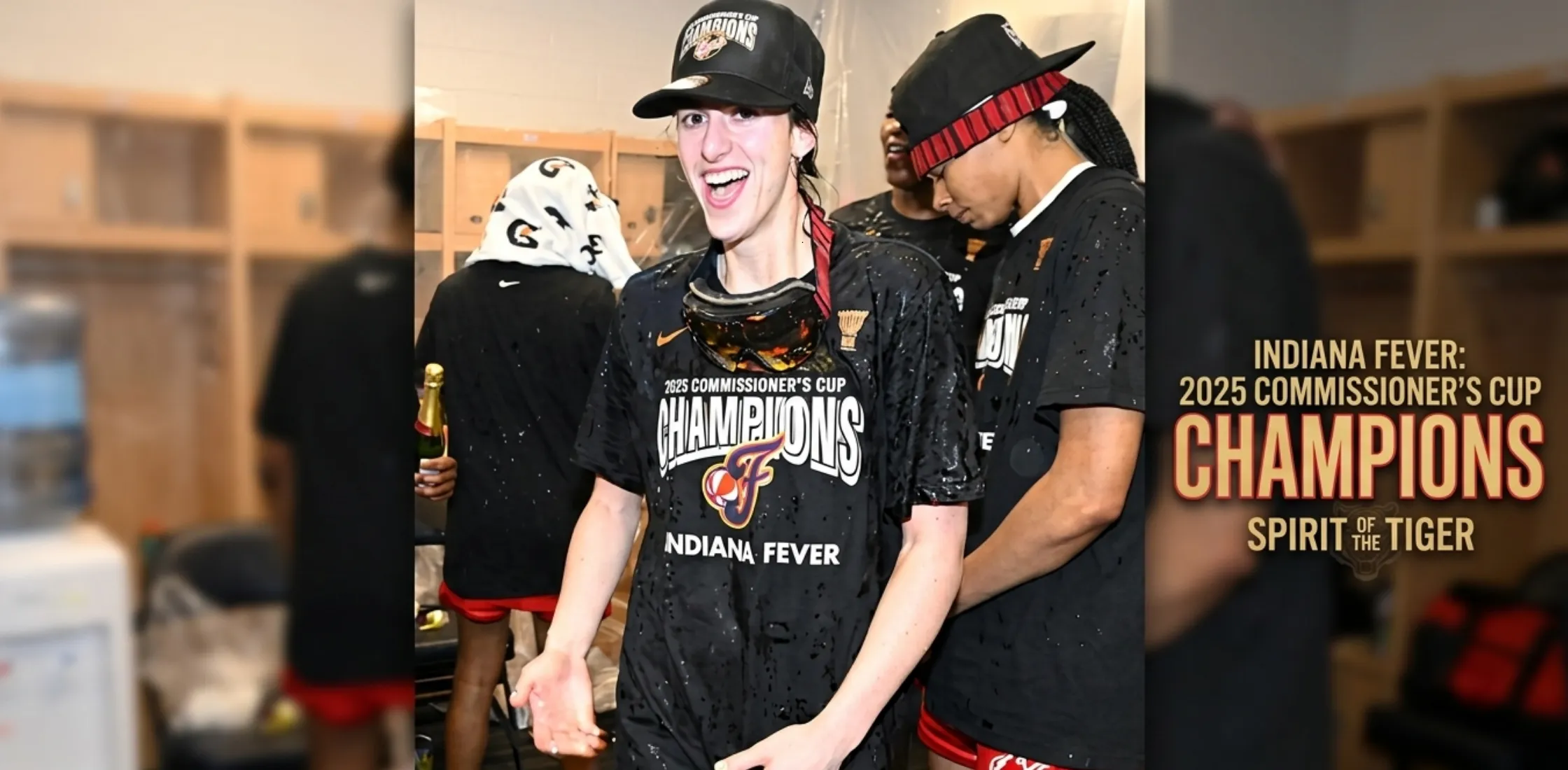 Caitlin Clark 2025 Indiana Fever Commissioner’s Cup Champions black T-shirt inspired by locker-room celebration and WNBA victory moment