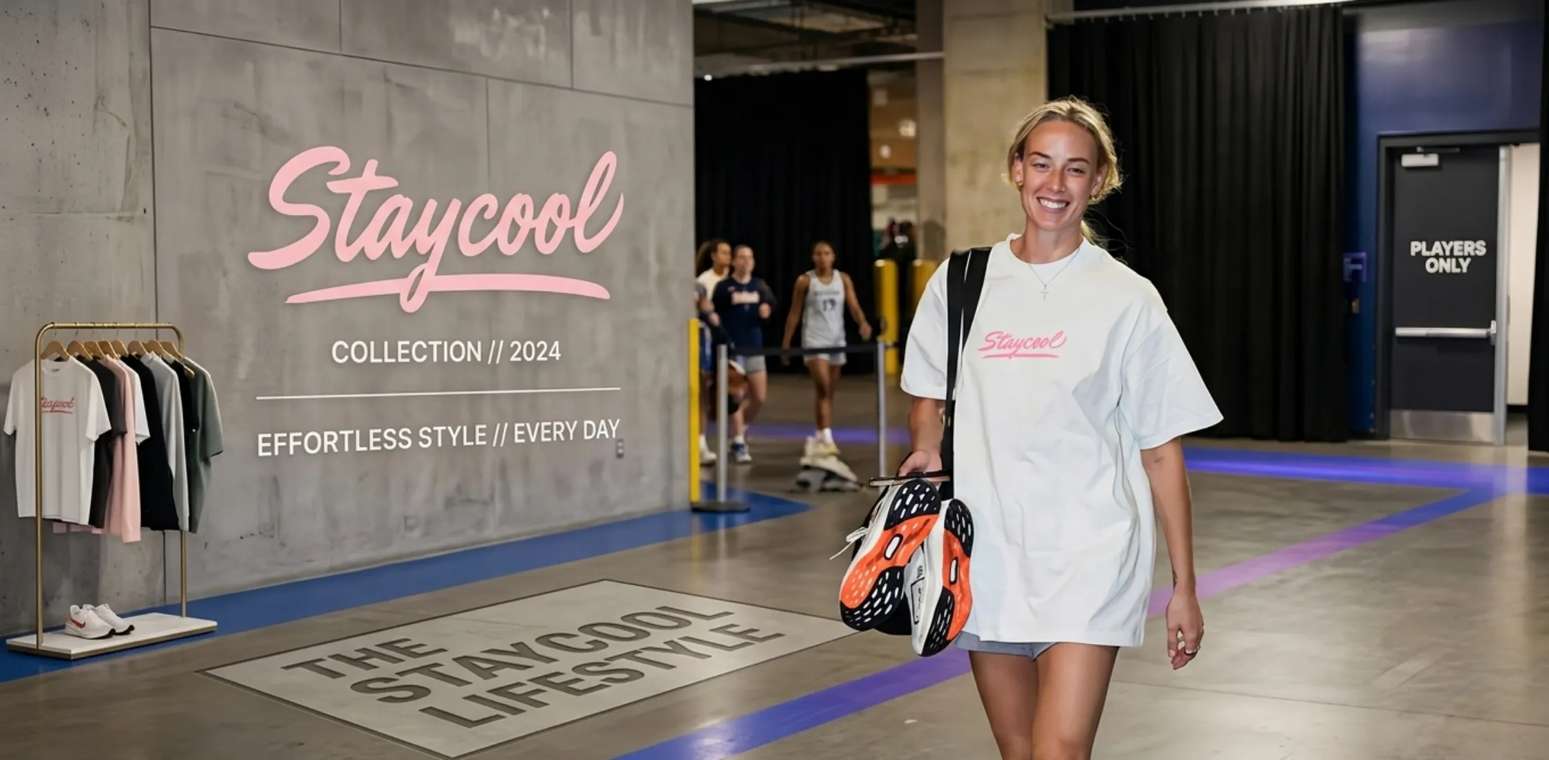 Sophie Cunningham 2026 WNBA Commissioner’s Cup oversized white T-shirt with minimalist “Staycool” pink graphic streetwear design