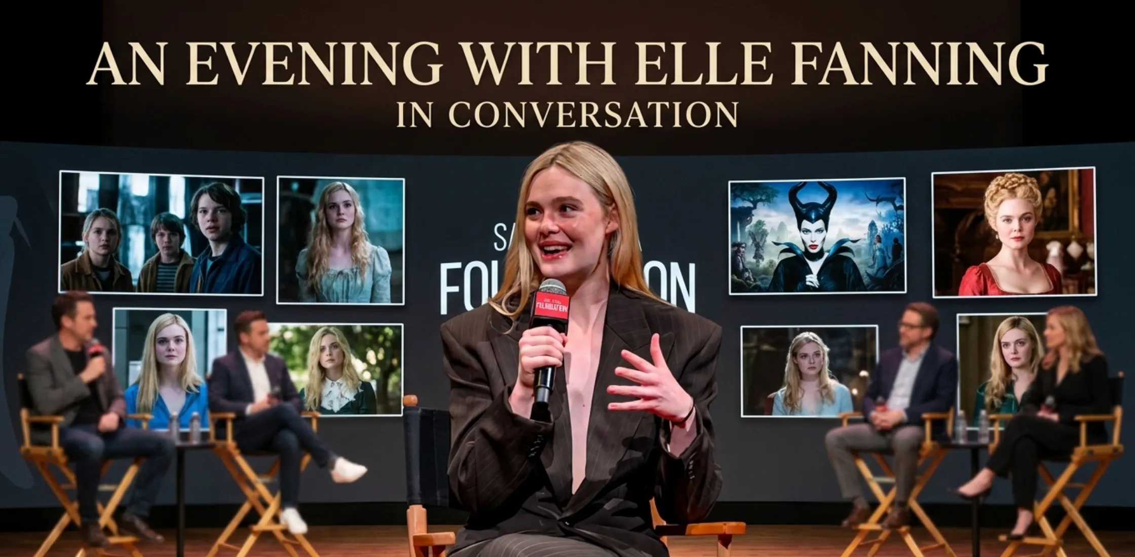 Elle Fanning SAG-AFTRA Foundation Conversations espresso brown pinstripe structured power blazer with padded shoulders and tailored silhouette