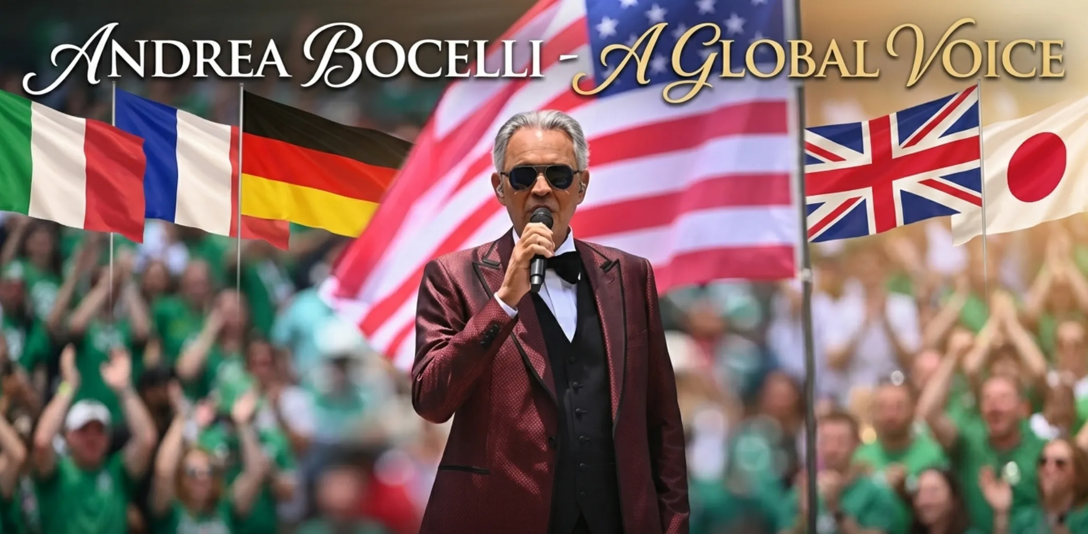Andrea Bocelli FIFA World Cup 2026 Opening Ceremony blazer in metallic burgundy jacquard fabric with tuxedo-inspired black satin trim, tailored fit, and elegant formal styling.