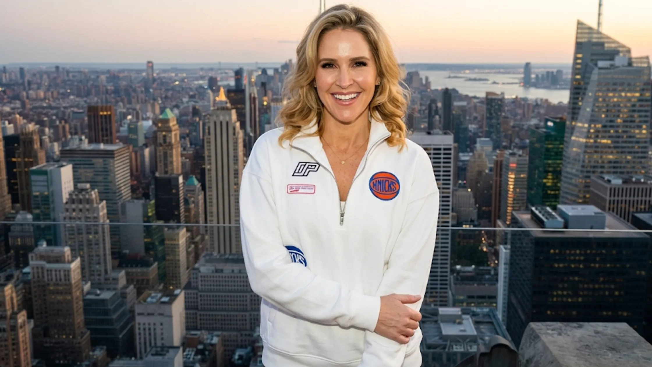 Sara Haines The View 2026 New York Knicks cropped half-zip sweatshirt with blue and orange patches, white base, and varsity streetwear design