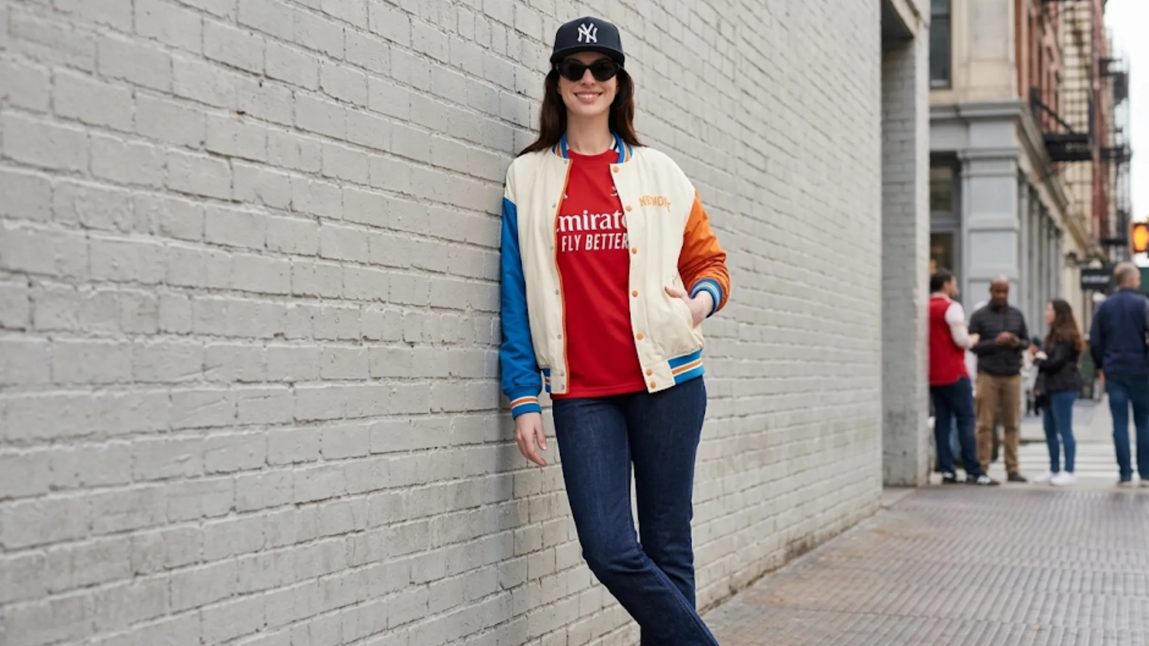 Anne Hathaway Knicks varsity jacket with cream body, orange and blue colorblock raglan sleeves, and bold New York embroidery streetwear design