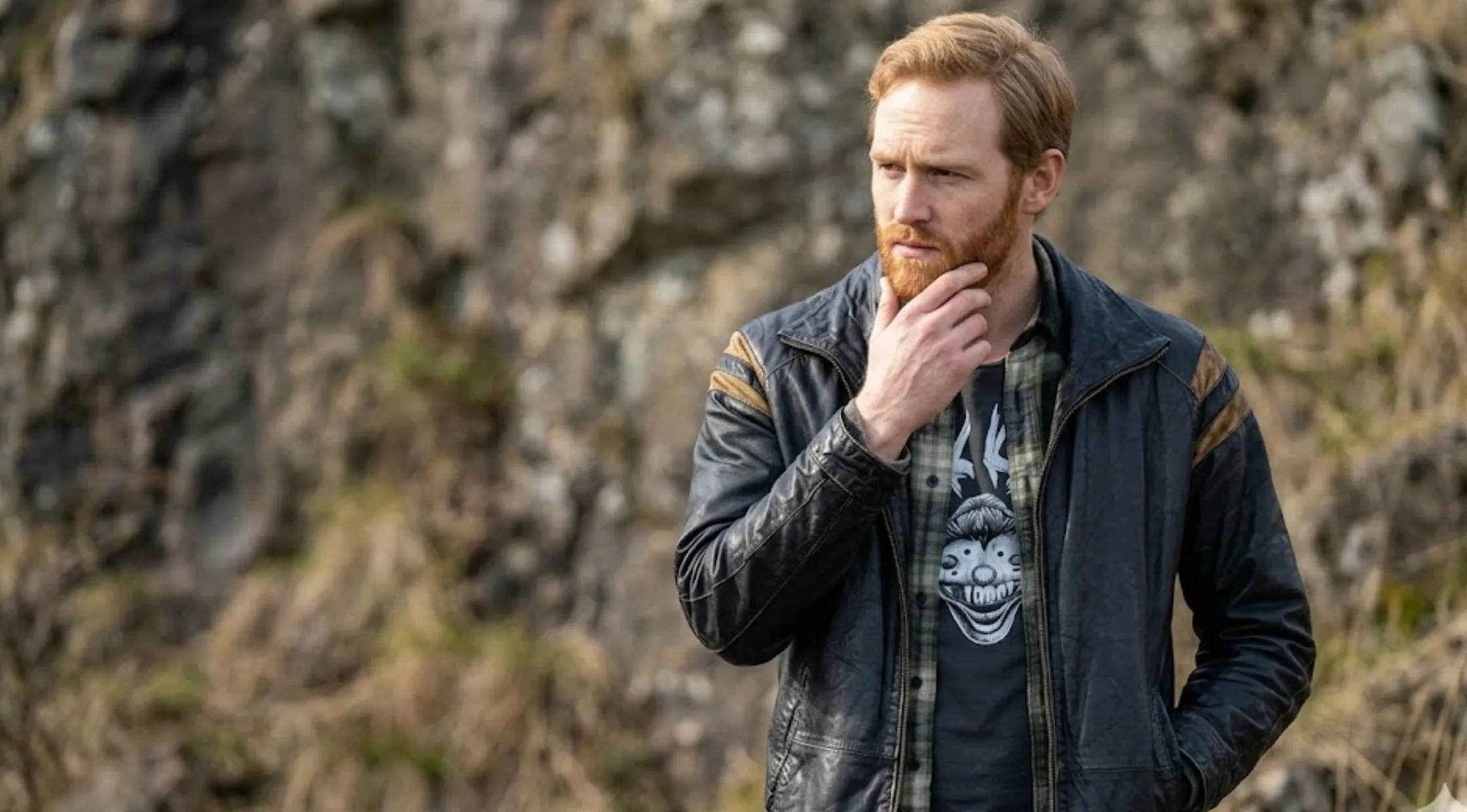 Disclosure Day Wyatt Russell Black Cafe Racer Leather Jacket with Tan Racing Stripes