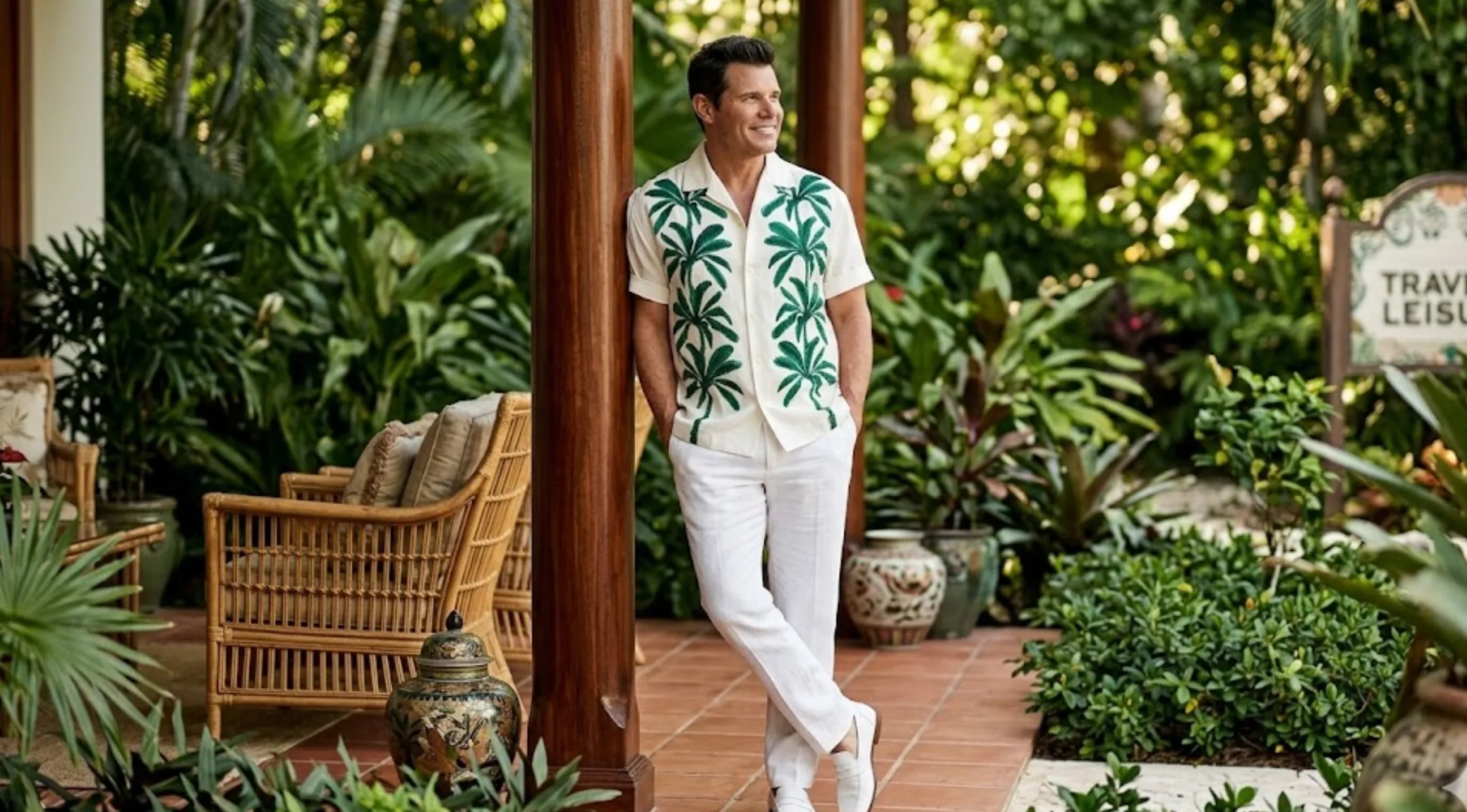 Perfect Match S04 Nick Lachey White Camp Collar Shirt with Green Tropical Floral Print