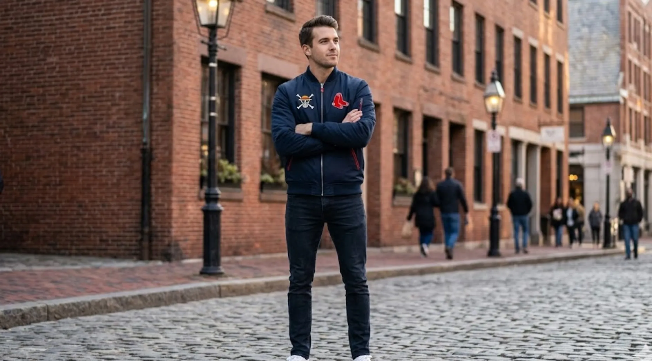 One Piece Boston Red Sox Luffy Navy Satin Bomber Jacket with Straw Hat Pirates Patch