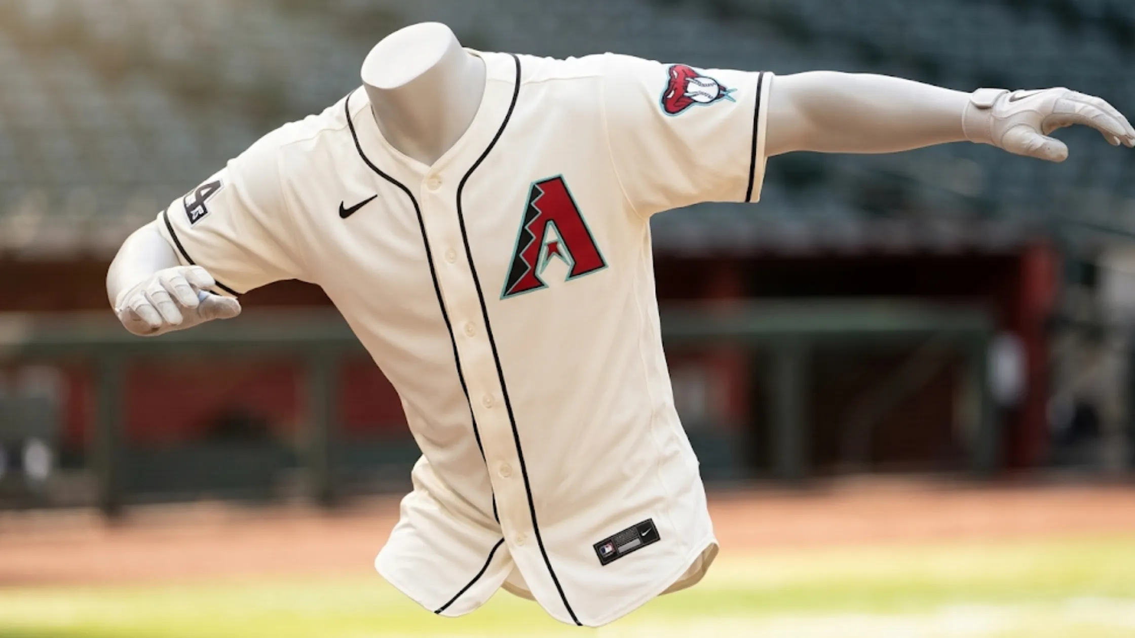 Arizona Diamondbacks White Home Elite Patch Jersey with cream base, black piping, teal outlined A logo, and MLB authentic patch details