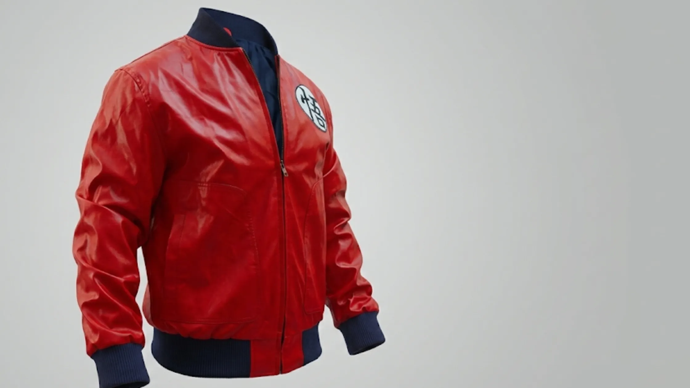 Dragon Ball Goku leather bomber jacket in red and orange with kanji back emblem, MA-1 silhouette, ribbed cuffs, and anime-inspired streetwear design