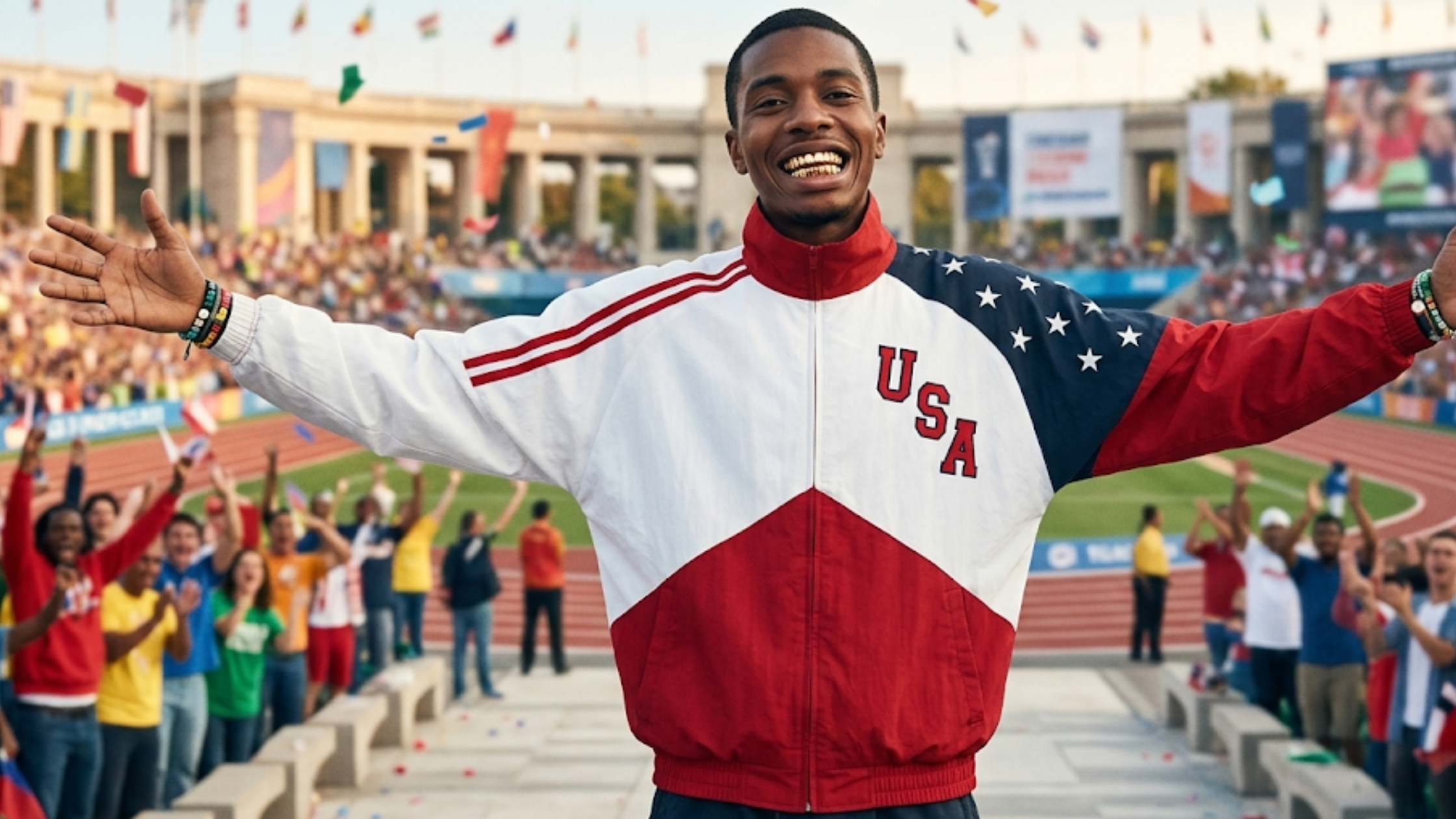 FIFA World Cup 2026 Team USA Nations Jacket featuring red, white, and blue color-block design, patriotic stars, funnel collar, and full-zip windbreaker style
