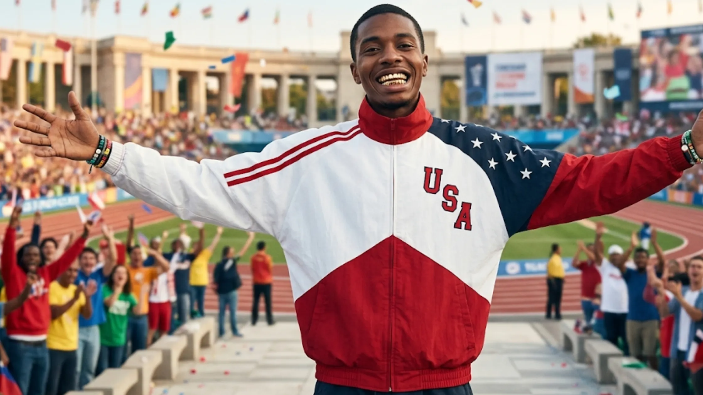 FIFA World Cup 2026 Team USA Nations Jacket featuring red, white, and blue color-block design, patriotic stars, funnel collar, and full-zip windbreaker style