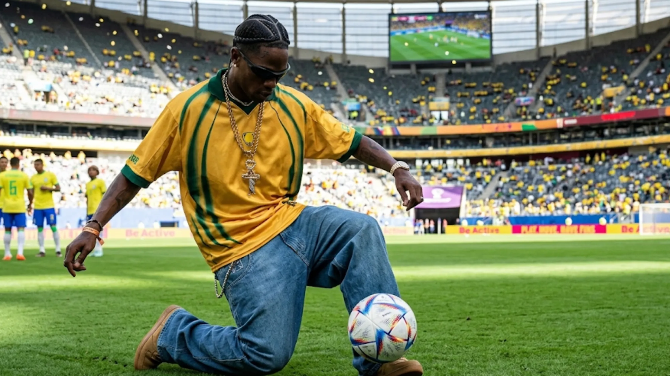 Travis Scott FIFA World Cup 2026 Brazil jersey featuring yellow base, green stripe graphics, polo collar, oversized fit, and retro football-inspired streetwear design.