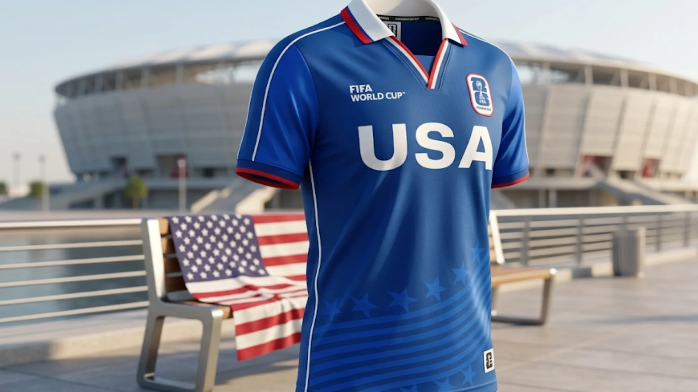 FIFA World Cup 2026 Host Country USA royal blue top with white polo collar, bold USA chest print, FIFA World Cup branding, and patriotic star graphics.