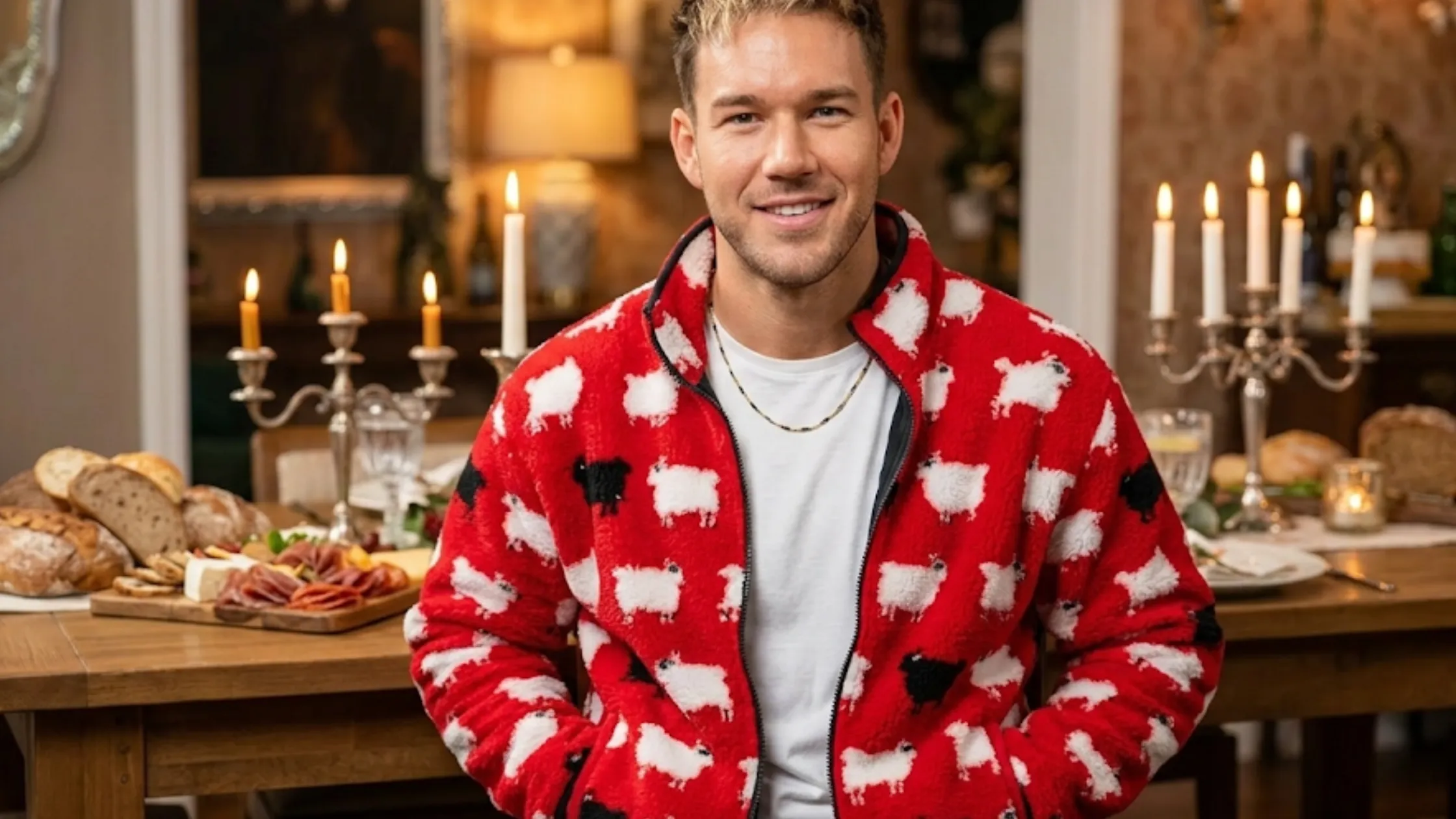 The Traitors S04 Colton Underwood red sherpa fleece jacket with white sheep print, black sheep motif, funnel neck collar, and front zipper closure.