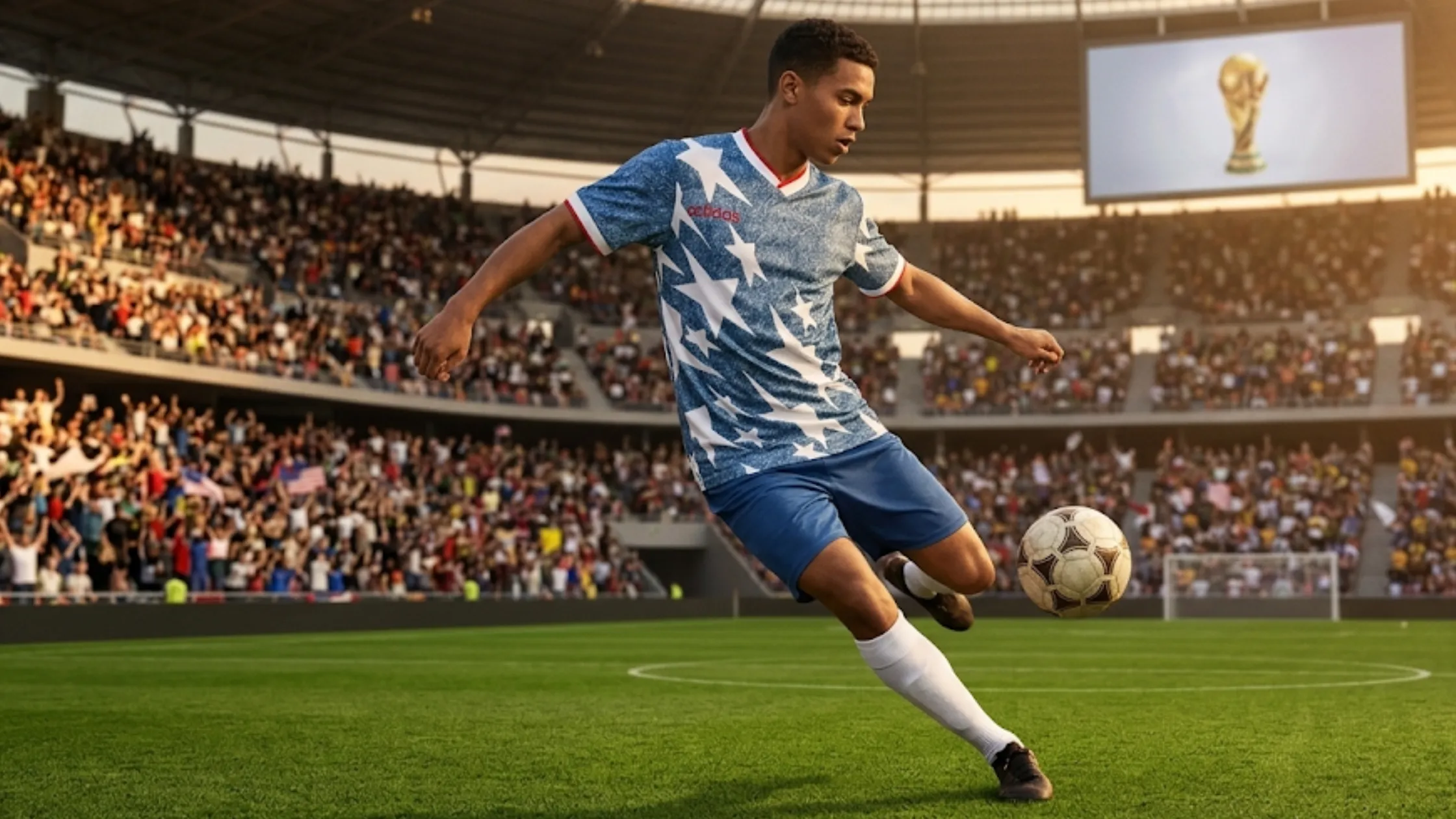 USA 1994 Denim Graphic Jersey featuring acid-wash blue denim texture, white star graphics, red-trimmed V-neck collar, and retro soccer-inspired design.