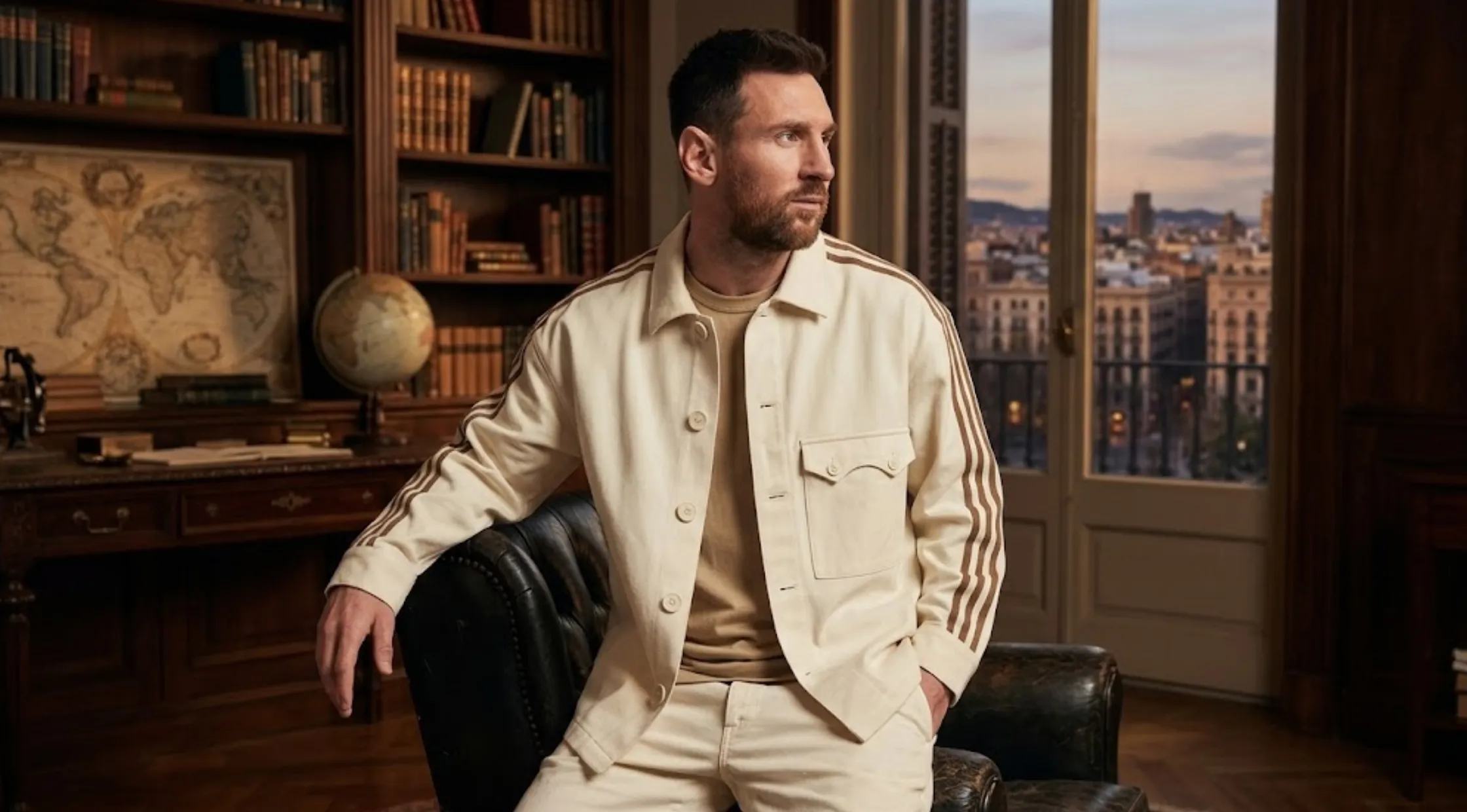 Lionel Messi Cream Adidas Track Jacket with Three Stripe Sleeves and Relaxed Shacket Design