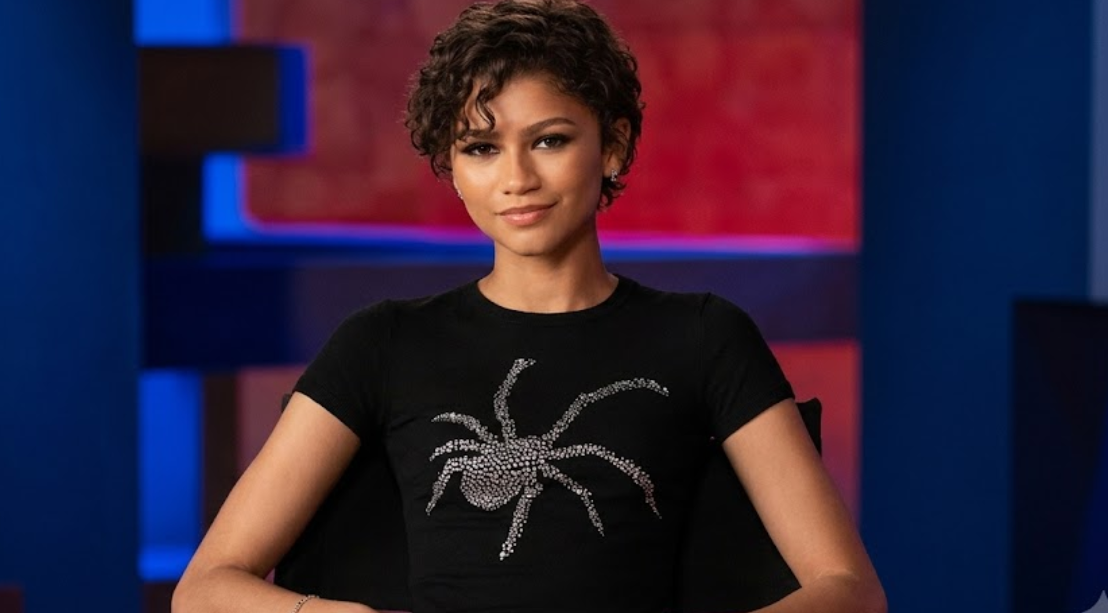 Zendaya Spider-Man Brand New Day Press Tour 2026 Black Baby T-Shirt with Metallic Silver Spider Graphic