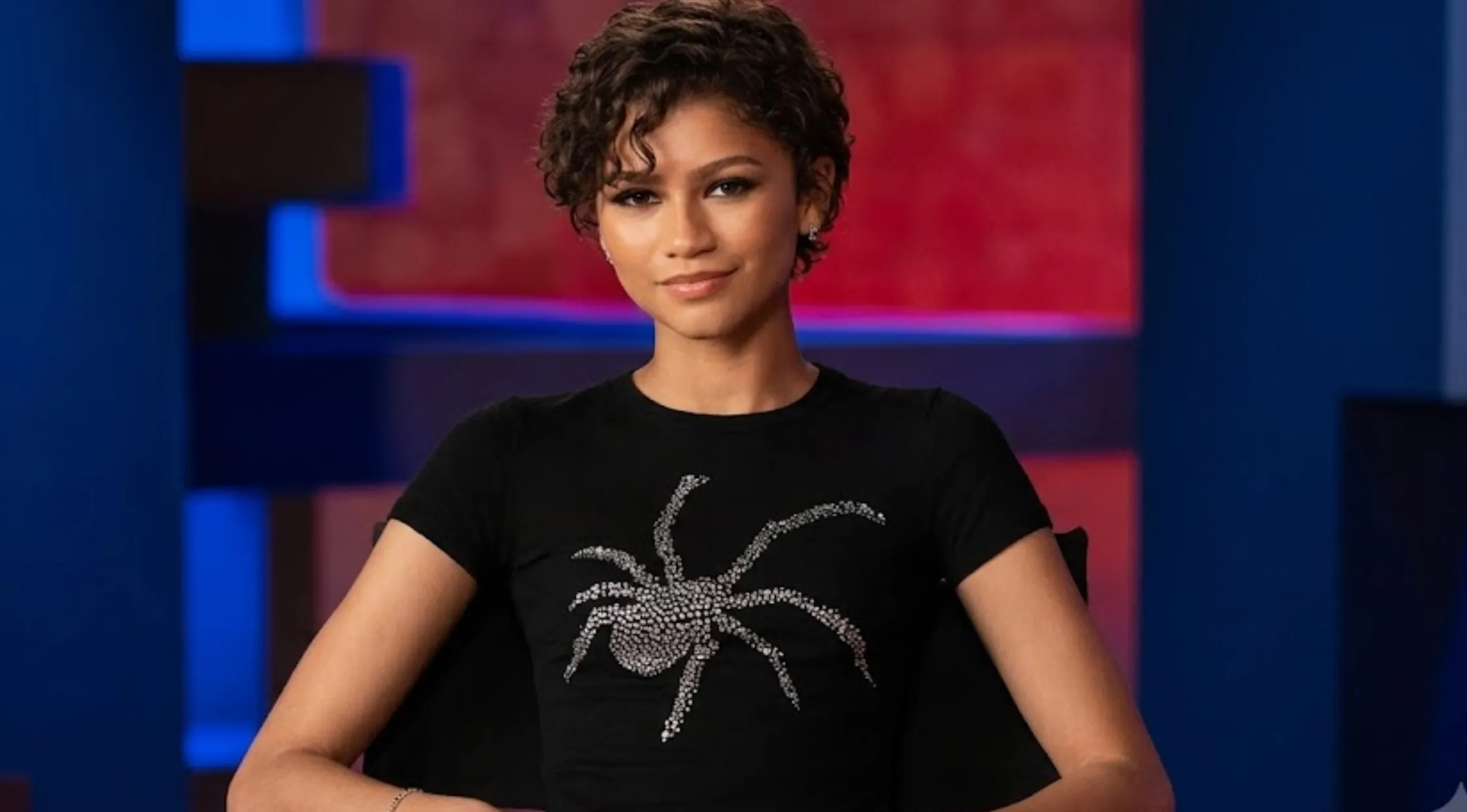 Zendaya Spider-Man Brand New Day Press Tour 2026 Black Baby T-Shirt with Metallic Silver Spider Graphic