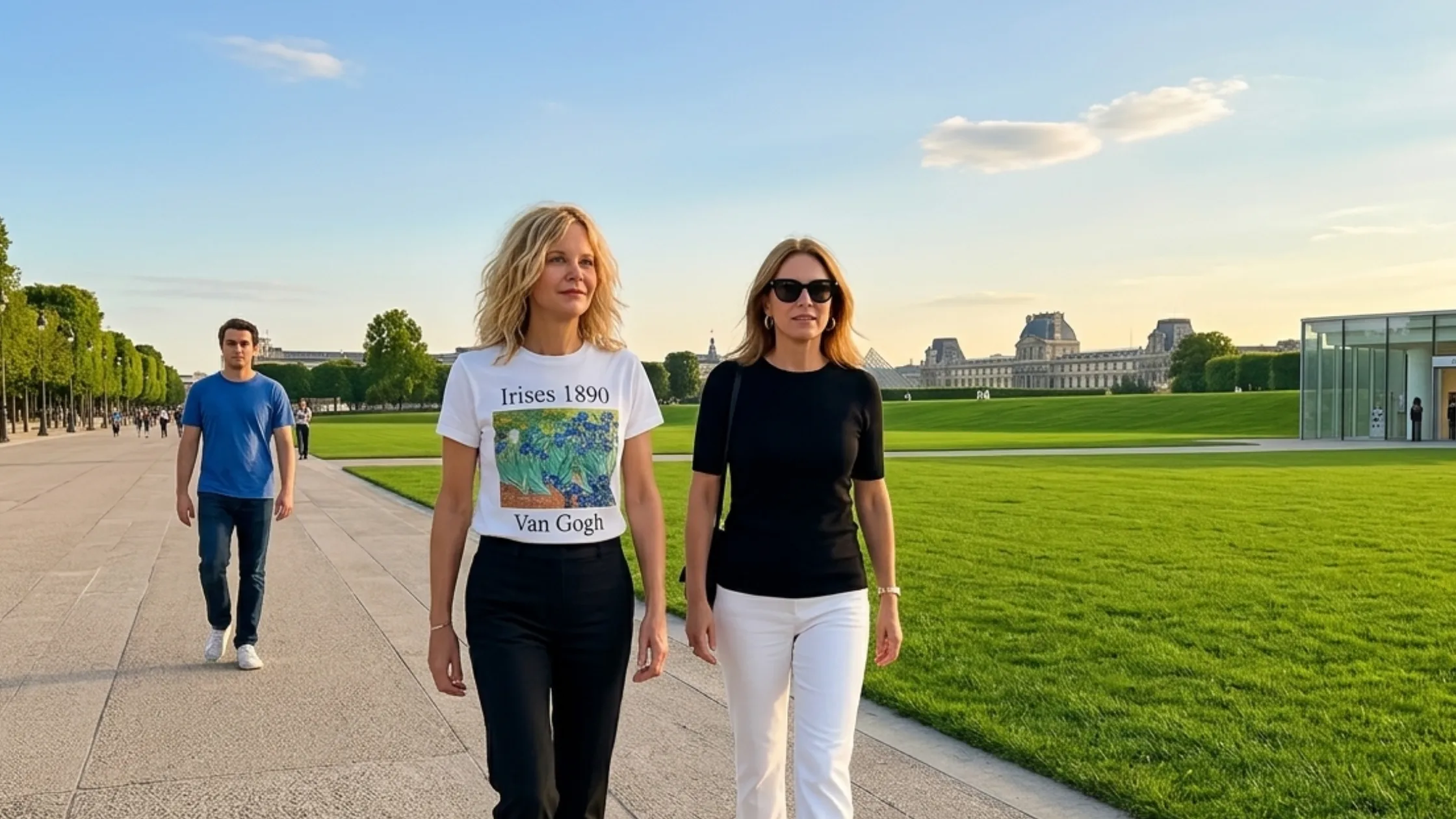 Meg Ryan Madrid 2025 White T-Shirt featuring Van Gogh Irises 1890 floral botanical graphic on an off-white short-sleeve crewneck tee
