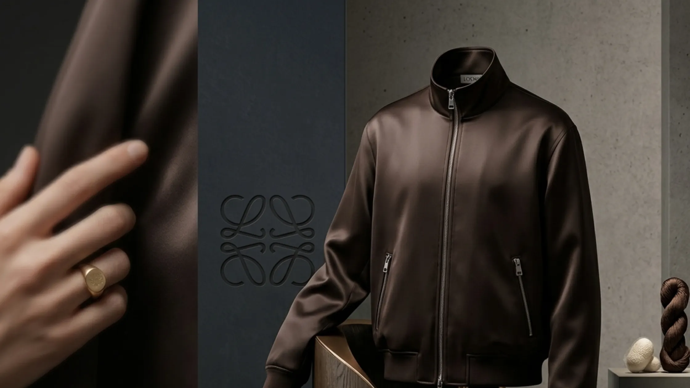 Y-3 2026 Brown Satin Bomber Track Jacket with Tonal Tiger Embroidery and Stand Collar
