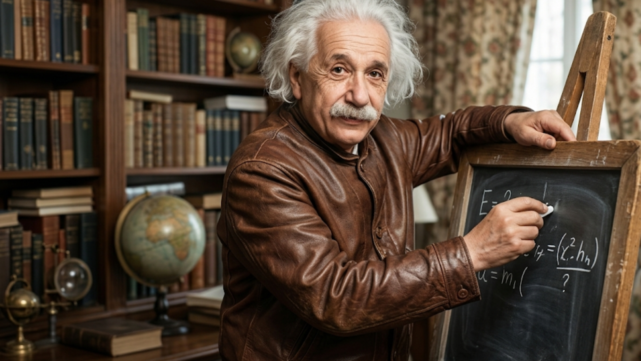 Albert Einstein Menlo Cossack brown full-grain leather jacket with button-front closure, vintage distressed finish, and classic Cossack collar.