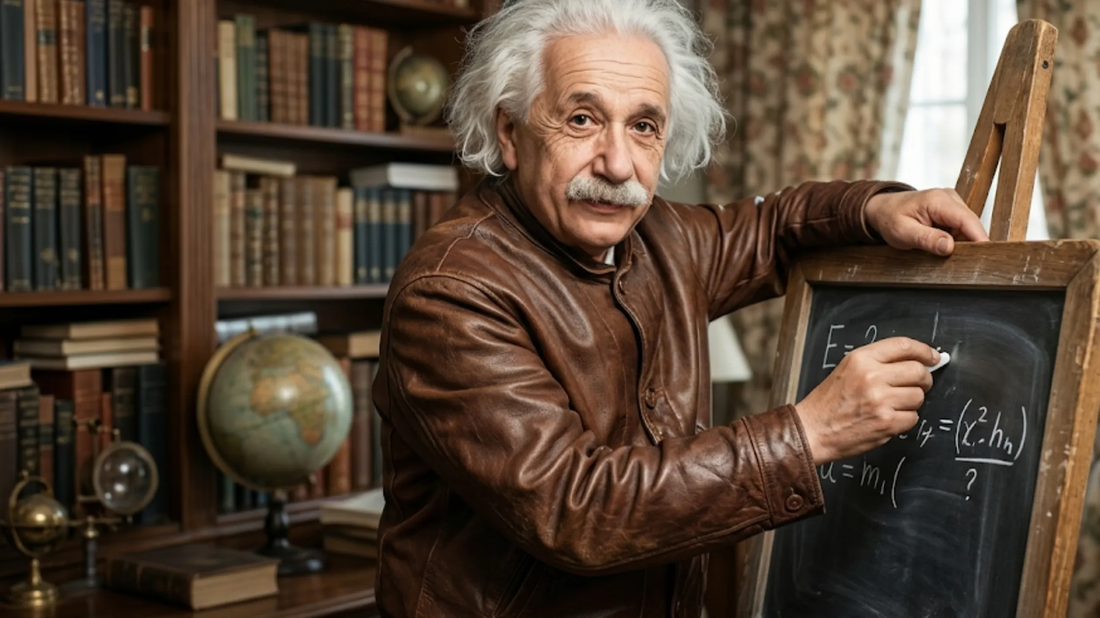 Albert Einstein Menlo Cossack brown full-grain leather jacket with button-front closure, vintage distressed finish, and classic Cossack collar.