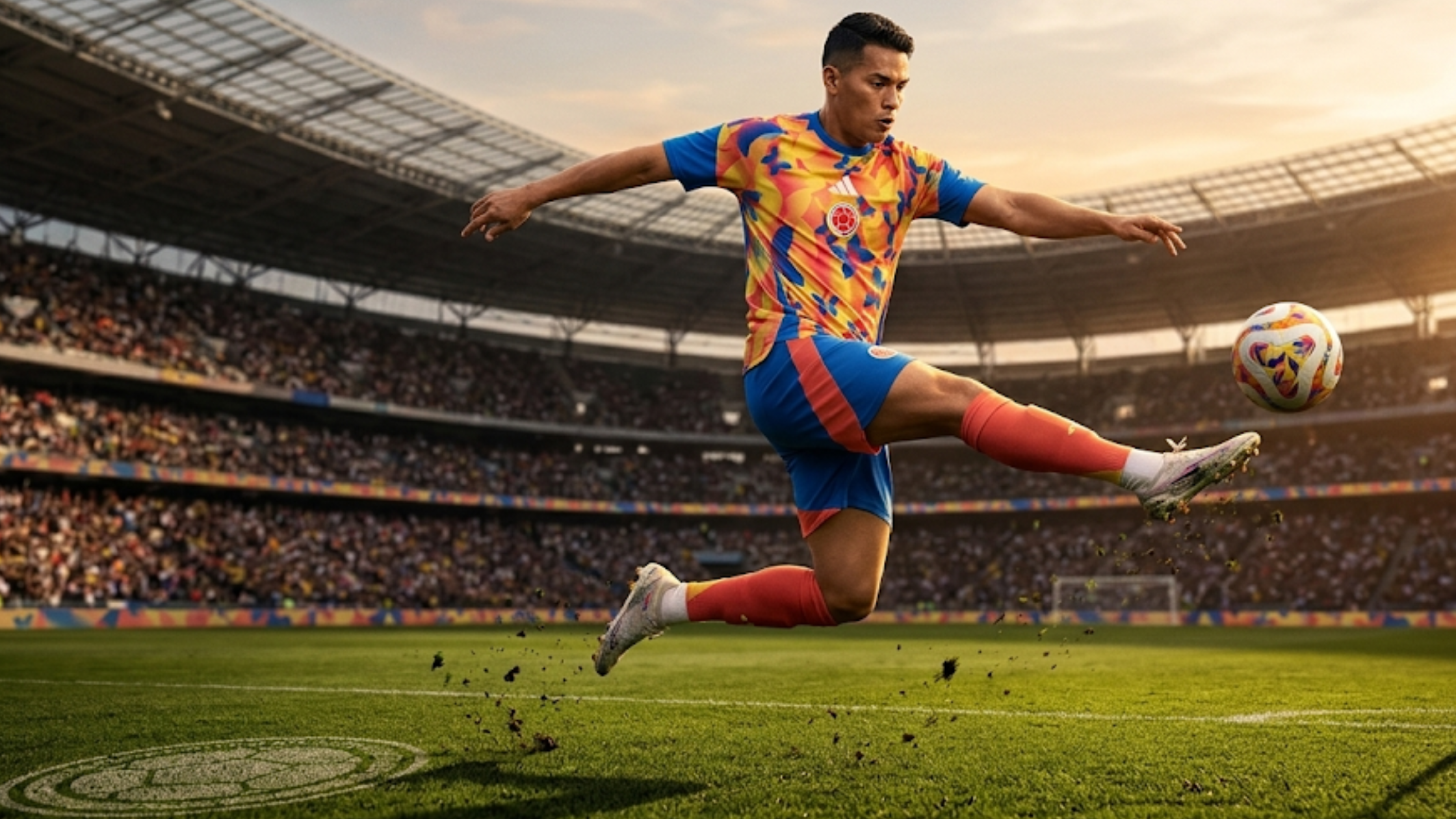 Colombia 26 Home Pre Match yellow jersey with coral butterfly gradient graphics, blue sleeves, Adidas logo, and Colombia football crest.