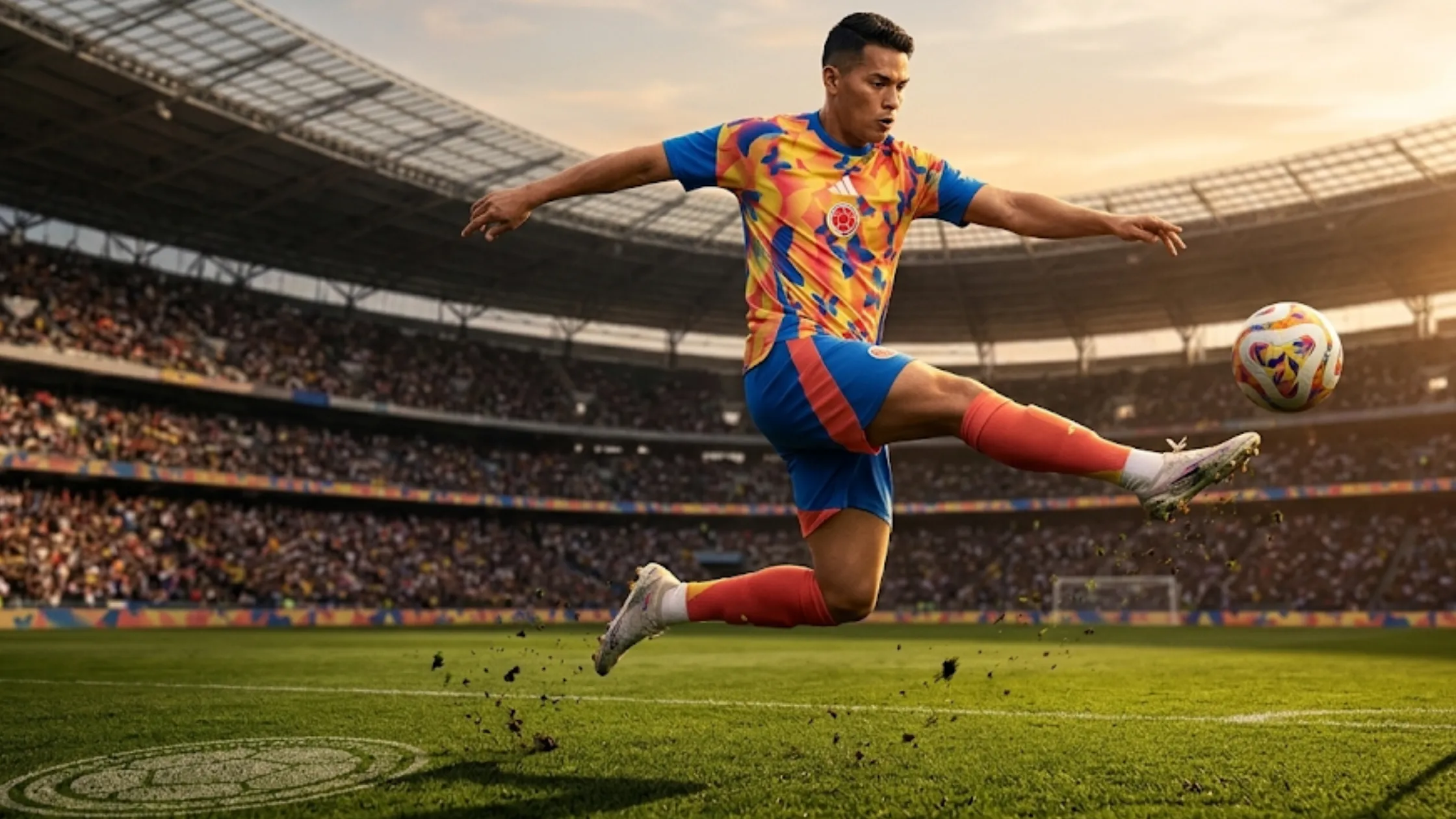Colombia 26 Home Pre Match yellow jersey with coral butterfly gradient graphics, blue sleeves, Adidas logo, and Colombia football crest.