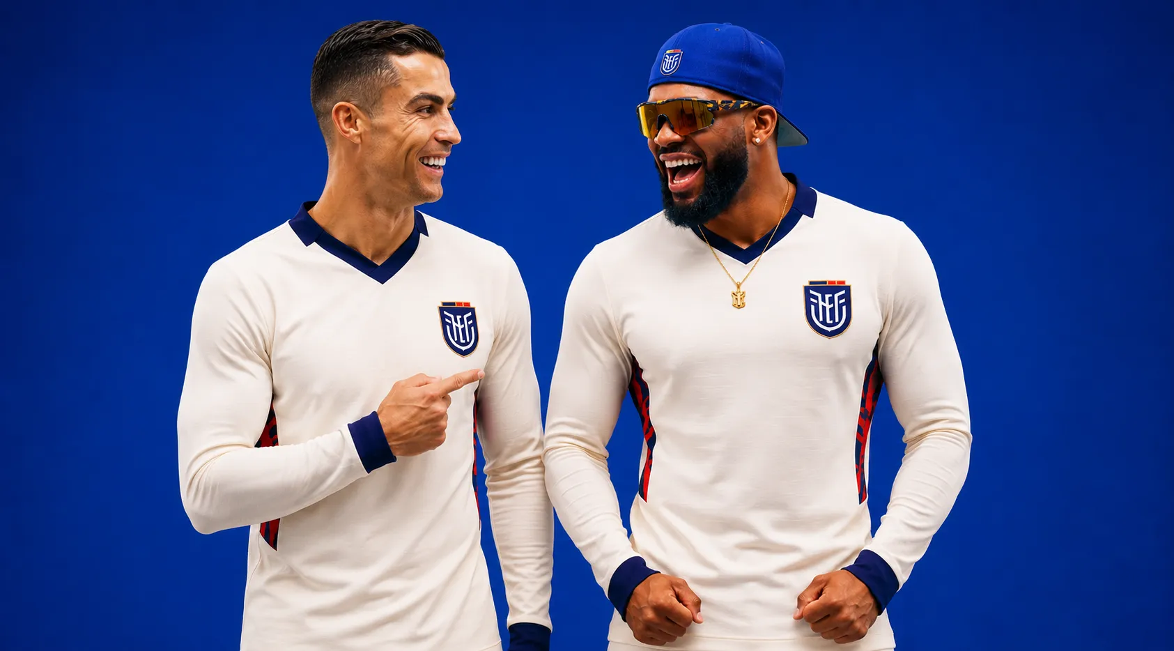 Ecuador 2026 FIFA World Cup Away Jersey in off-white with navy blue accents, FEF crest, V-neck, long sleeves, and multicolor side panels