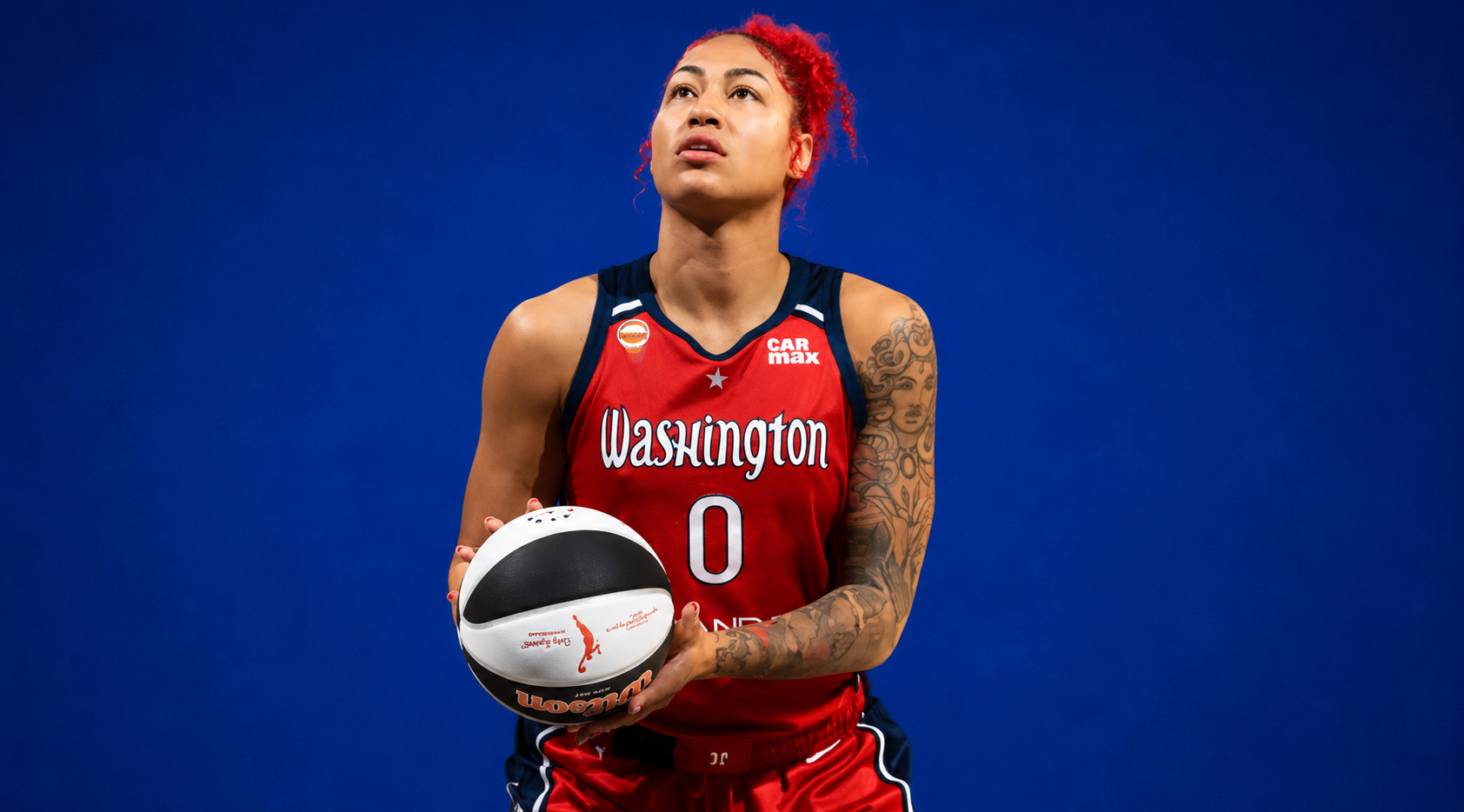 Shakira Austin Washington Mystics Red WNBA Tank Jersey with navy side panels and white Washington wordmark