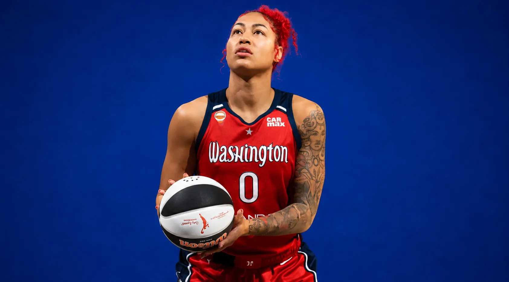 Shakira Austin Washington Mystics Red WNBA Tank Jersey with navy side panels and white Washington wordmark