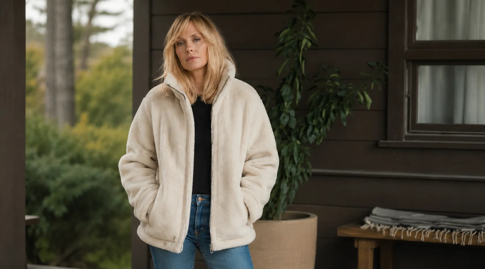 Dutton Ranch Beth Dutton White Longline Sherpa Coat inspired by Yellowstone featuring an off-white sherpa fleece longline design with a stand-up collar and zip-up closure