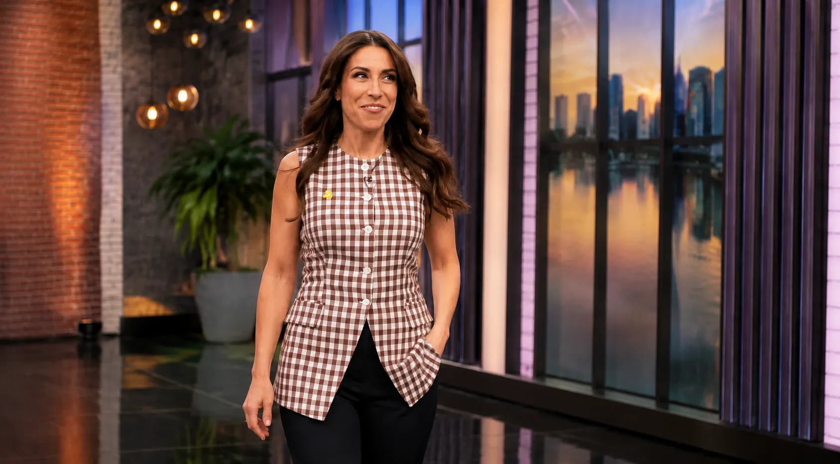 The View 2025 Alyssa Farah Griffin Gingham Vest Top in white and brown seersucker design