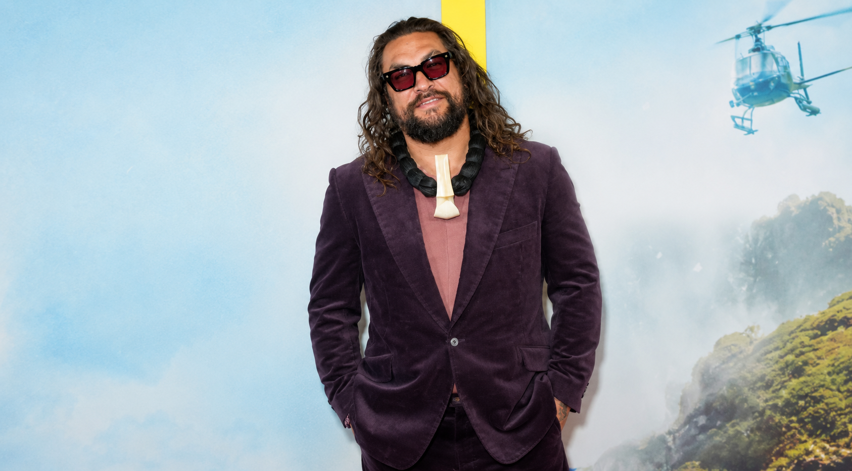 Jason Momoa The Wrecking Crew NY Special Screening Deep Plum Velvet Blazer