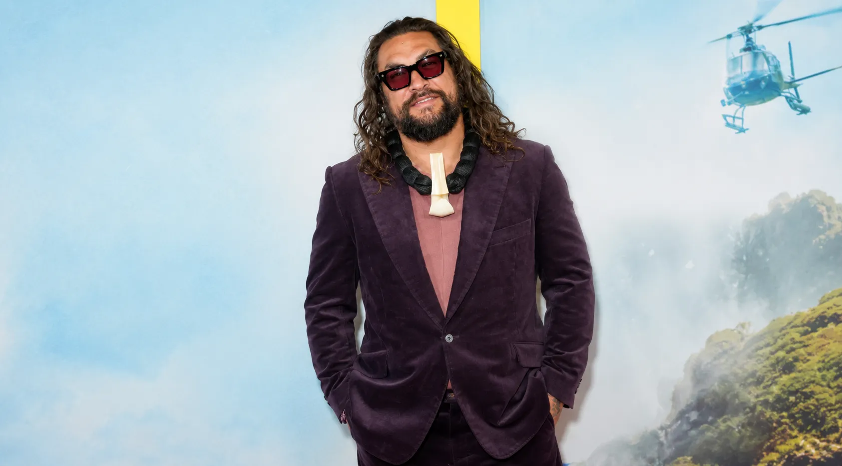Jason Momoa The Wrecking Crew NY Special Screening Deep Plum Velvet Blazer