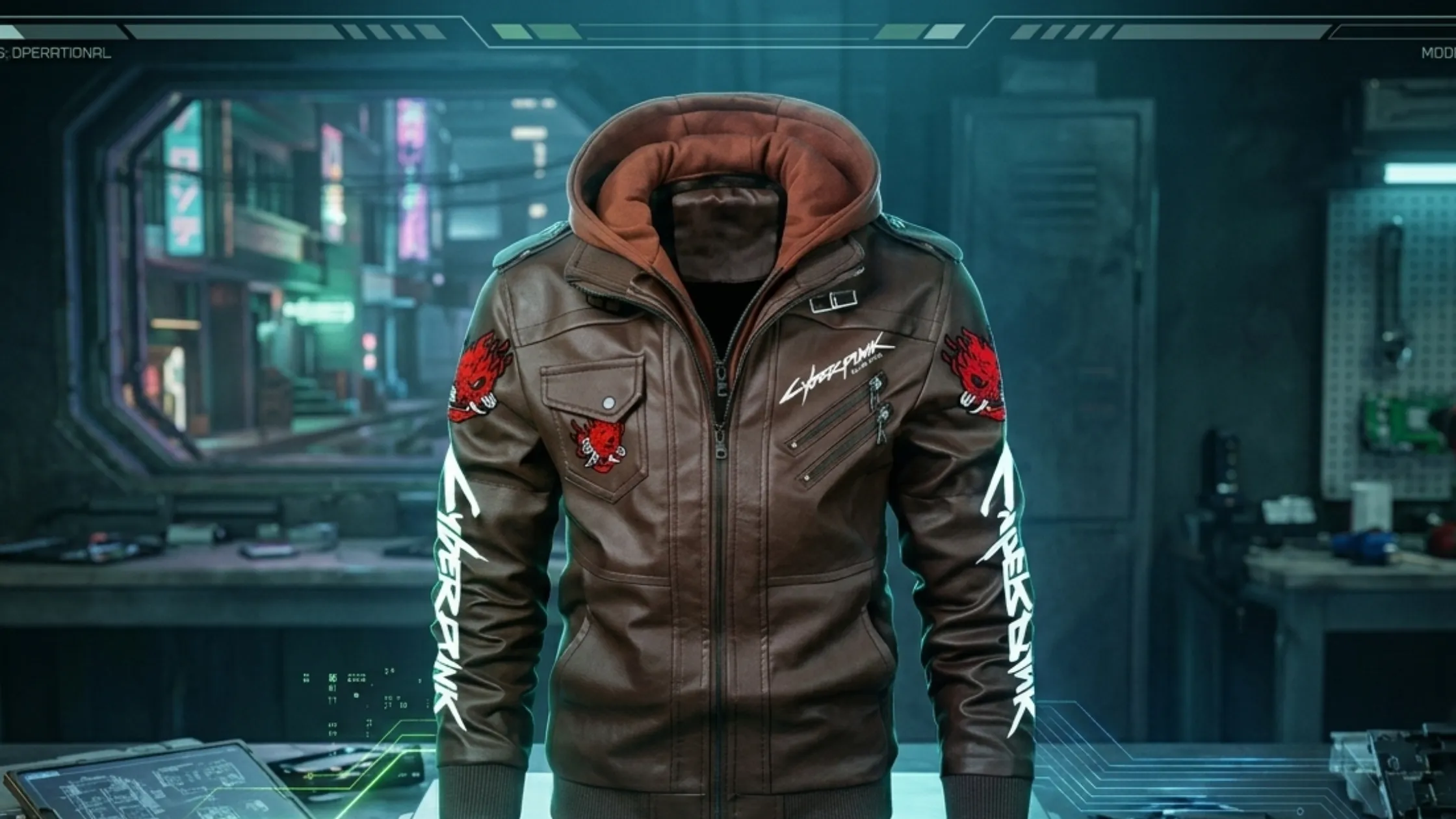 Samurai 2077 Cyberpunk brown leather jacket with hood, flaming skull back graphic, tactical pockets, and futuristic streetwear design