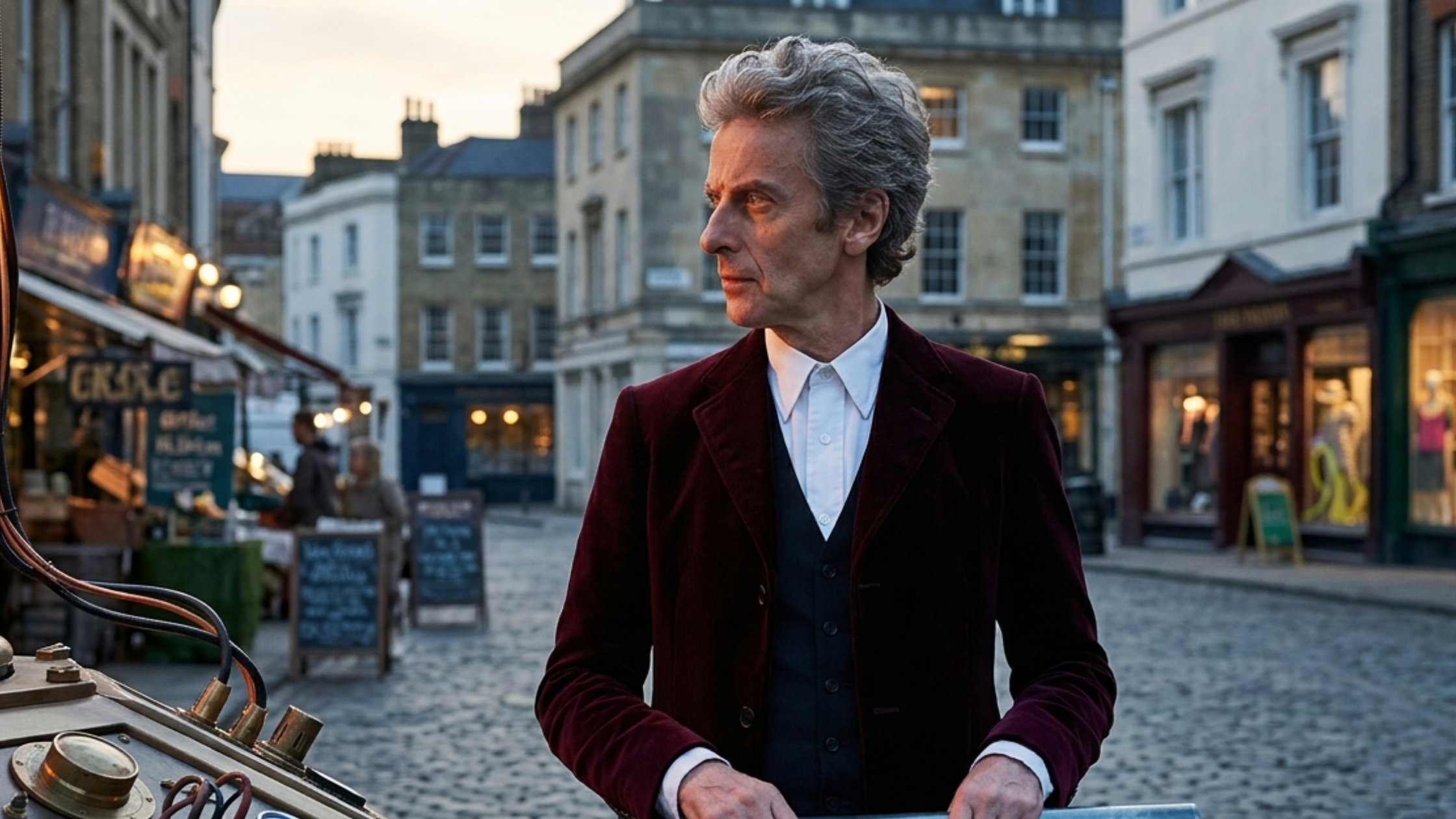 12th Doctor Peter Capaldi velvet maroon blazer coat inspired by Doctor Who, featuring elegant British tailoring and cinematic time-travel style design.