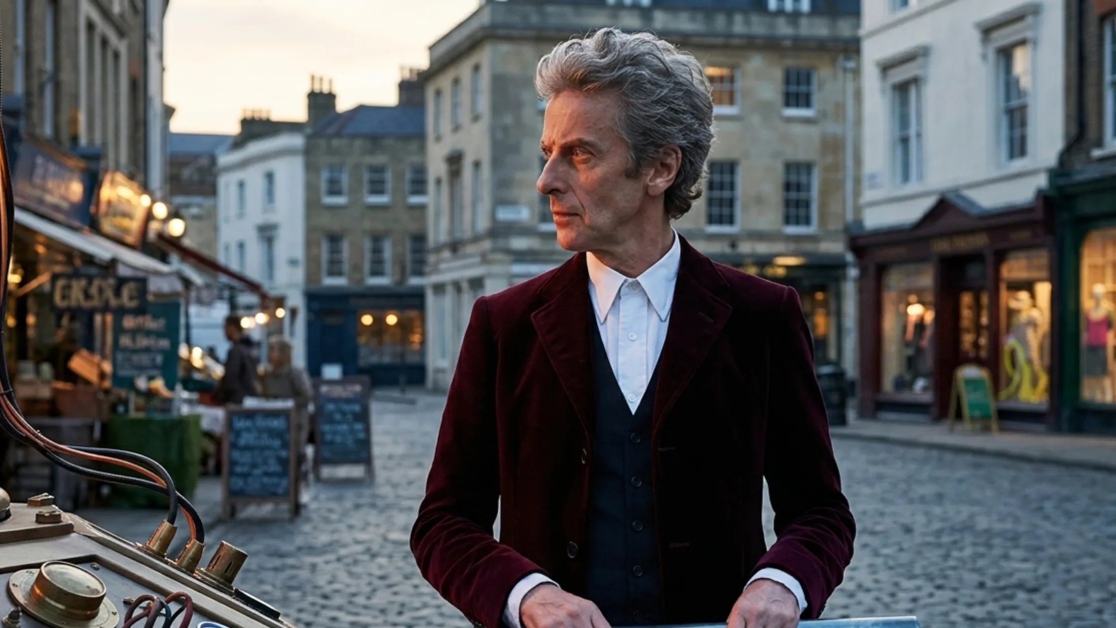 12th Doctor Peter Capaldi velvet maroon blazer coat inspired by Doctor Who, featuring elegant British tailoring and cinematic time-travel style design.