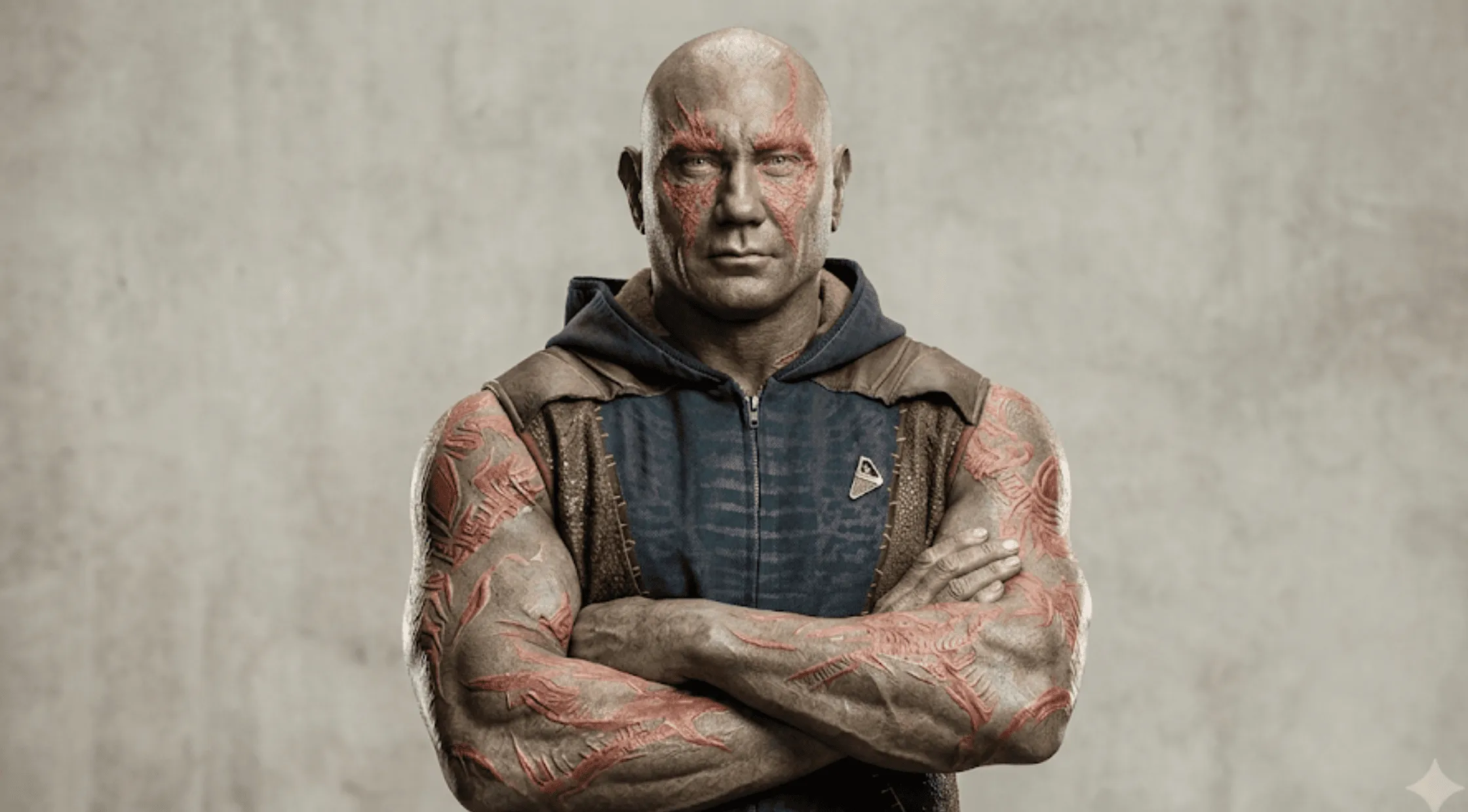 Dave Bautista as Drax wearing the navy blue and brown two-tone leather tactical vest featuring an attached hood, side grain texture, and a silver triangular chest badge.
