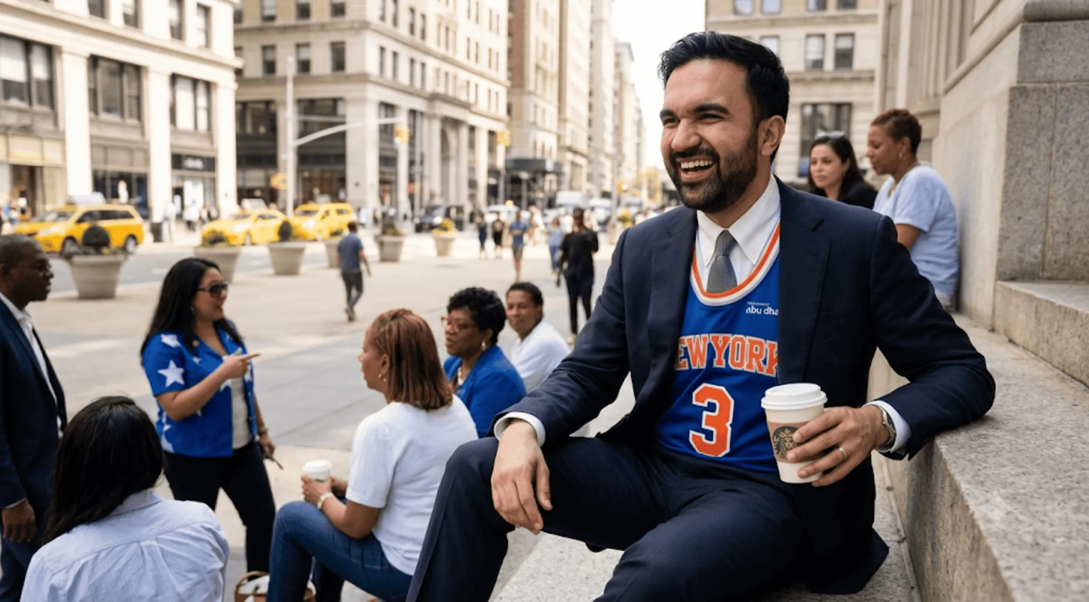 A person wearing the royal blue New York basketball jersey number 3 under a suit jacket, featuring an orange "NEW YORK" chest text, white and orange trim, and a small sponsor logo.