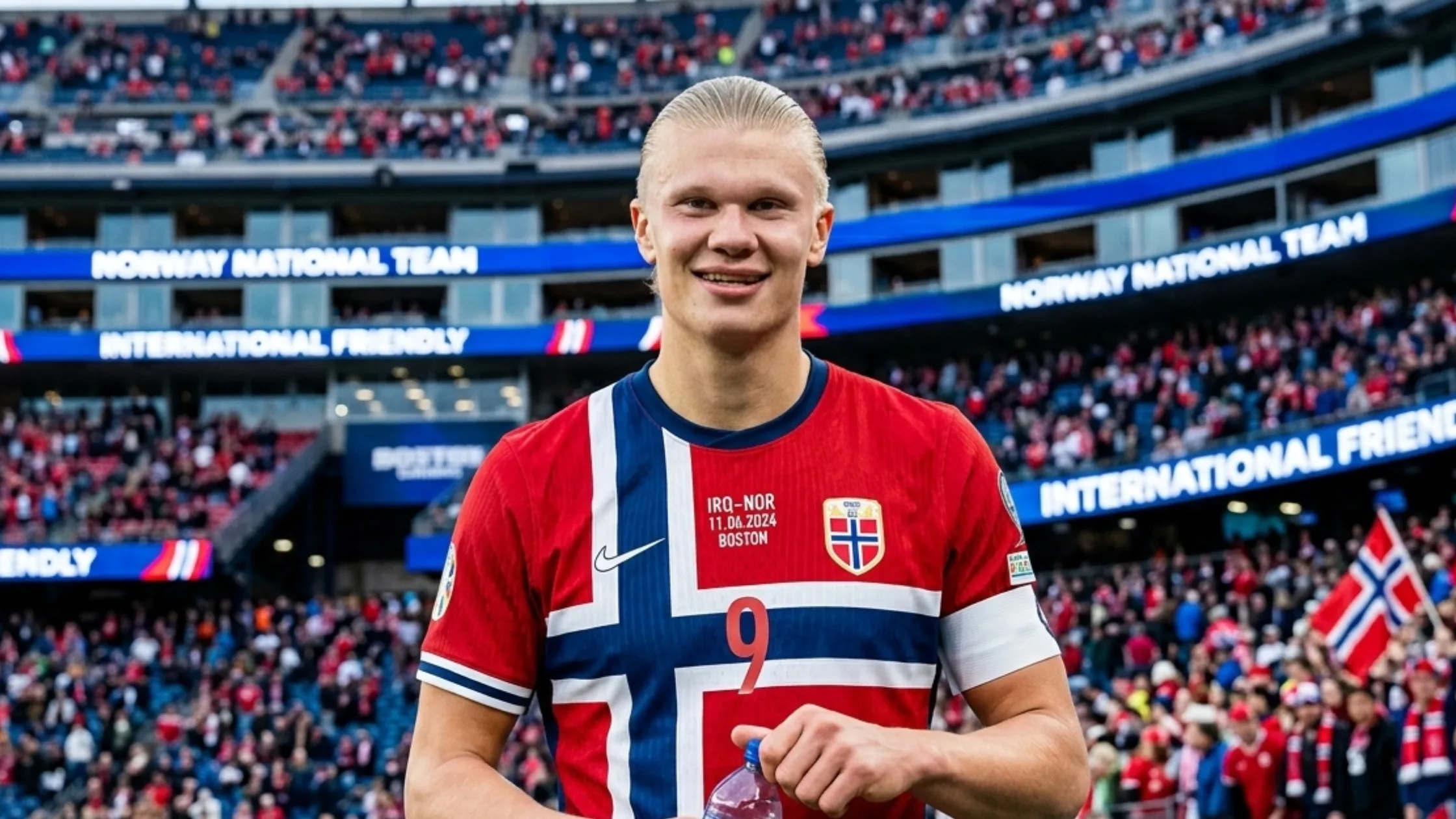 Erling Haaland Norway 2026 FIFA World Cup red Nordic cross T-shirt jersey with navy and white accents, football fashion streetwear design