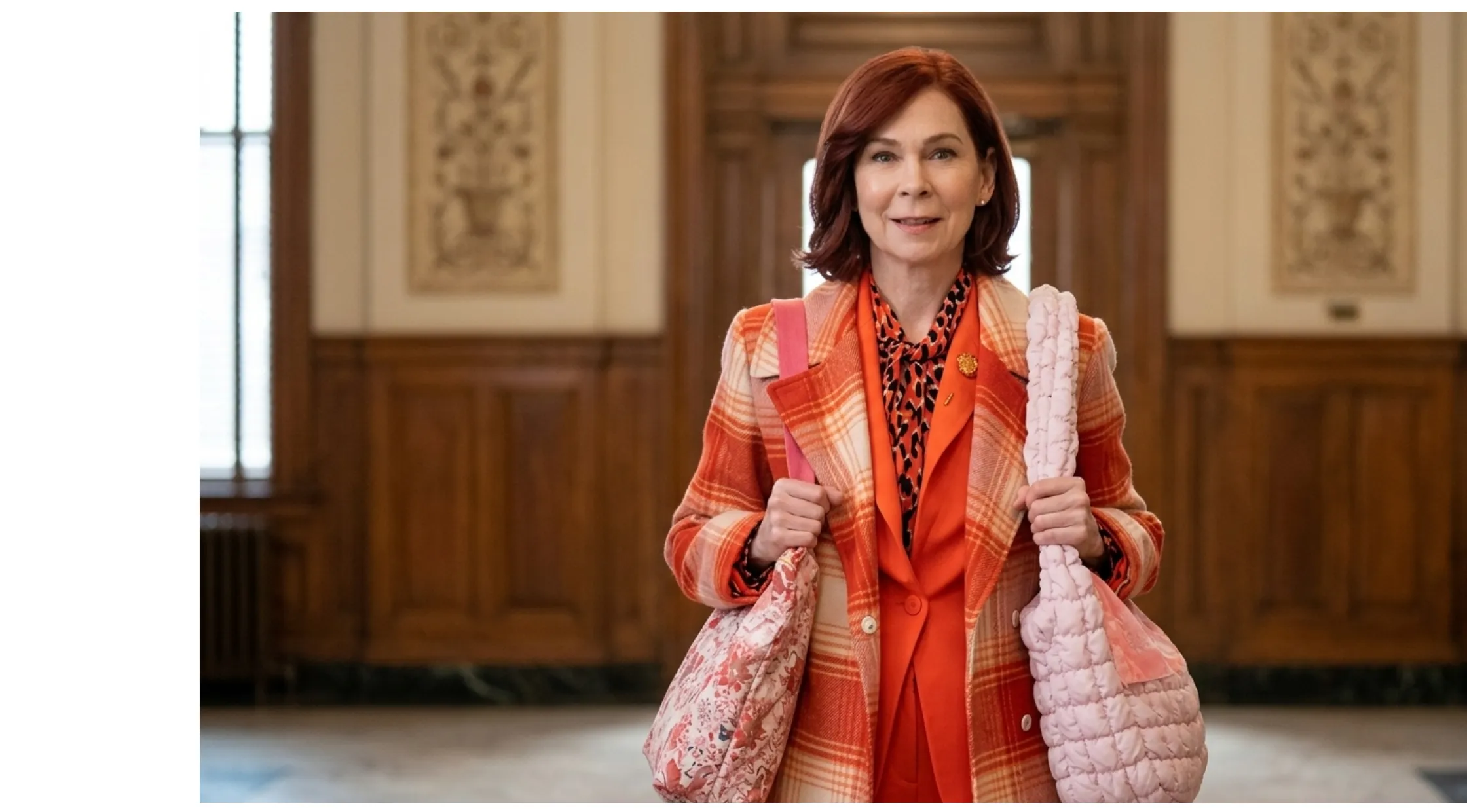 Elsbeth S02 Carrie Preston Red Belted Plaid Coat in red and white wrap-style design with self-tie belt
