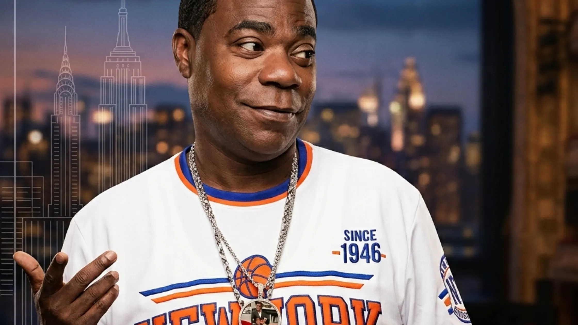 Tracy Morgan New York Knicks 2026 NBA Finals Orange and Blue Trim Retro Basketball Graphic White Ringer T-Shirt