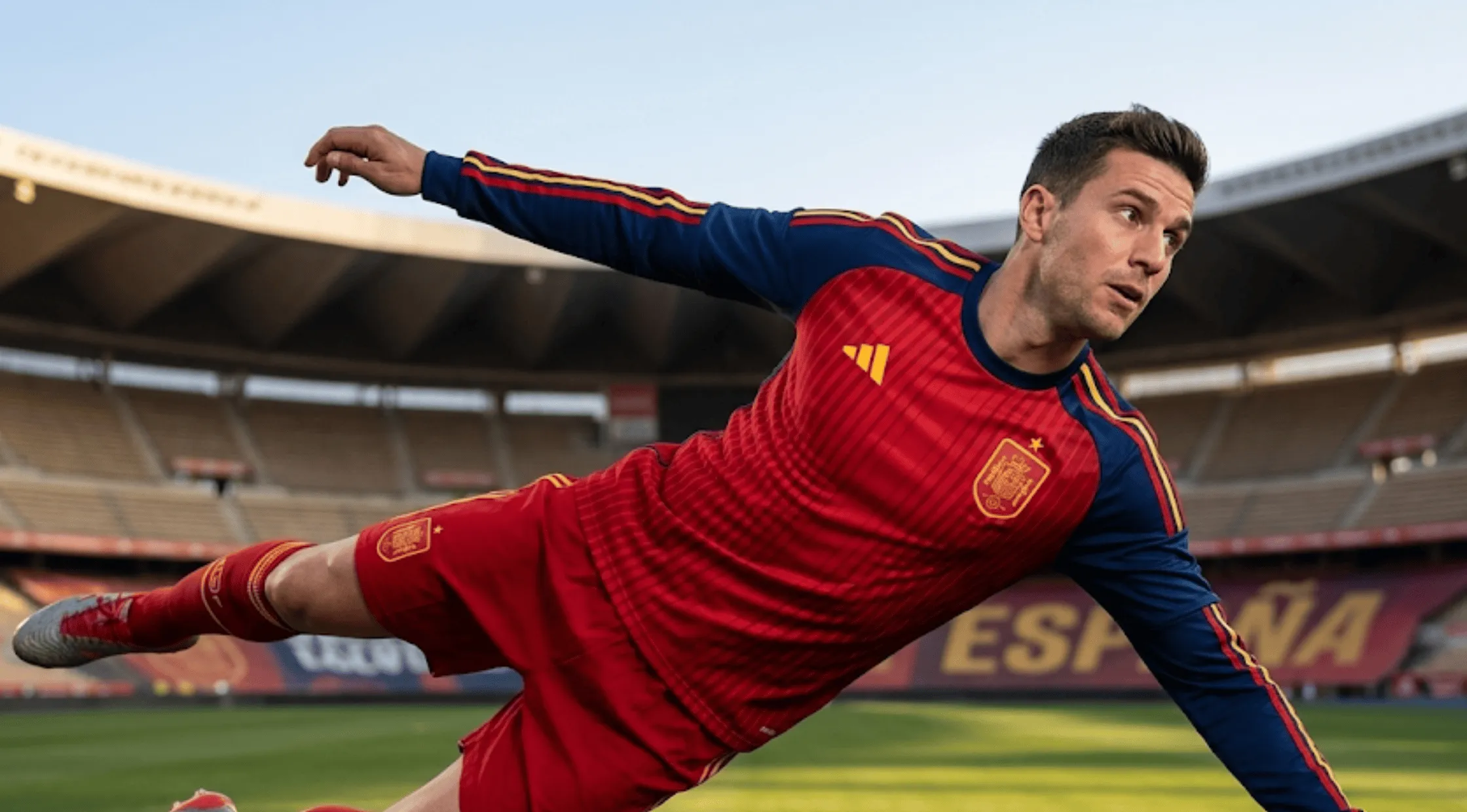A person wearing the red and navy blue Spain 2026 authentic home jersey featuring a yellow pinstripe pattern and the yellow Adidas performance logo.