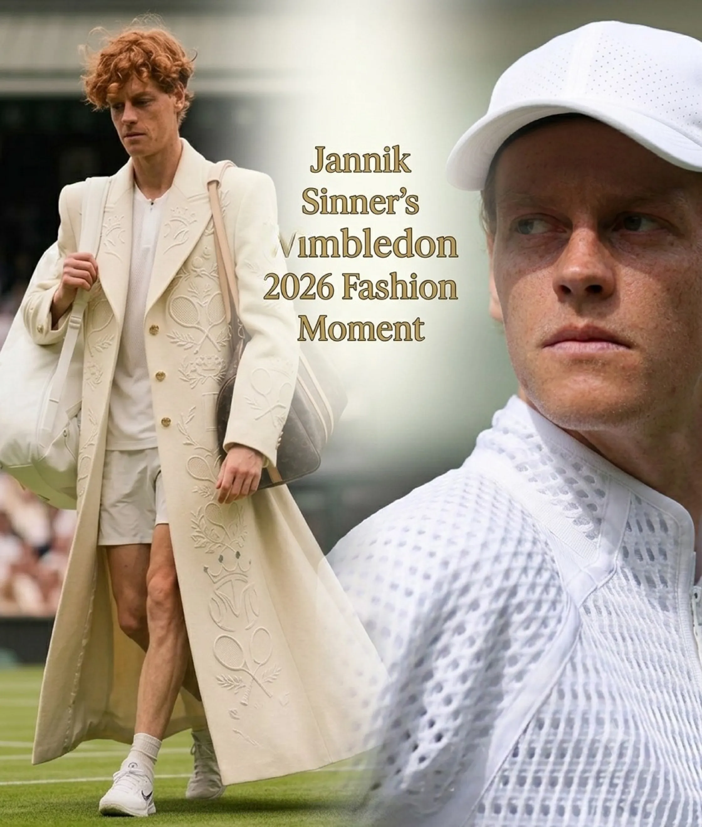 Jannik Sinner wearing the Wimbledon 2026 beige embroidered heritage trench coat during the championship ceremony
