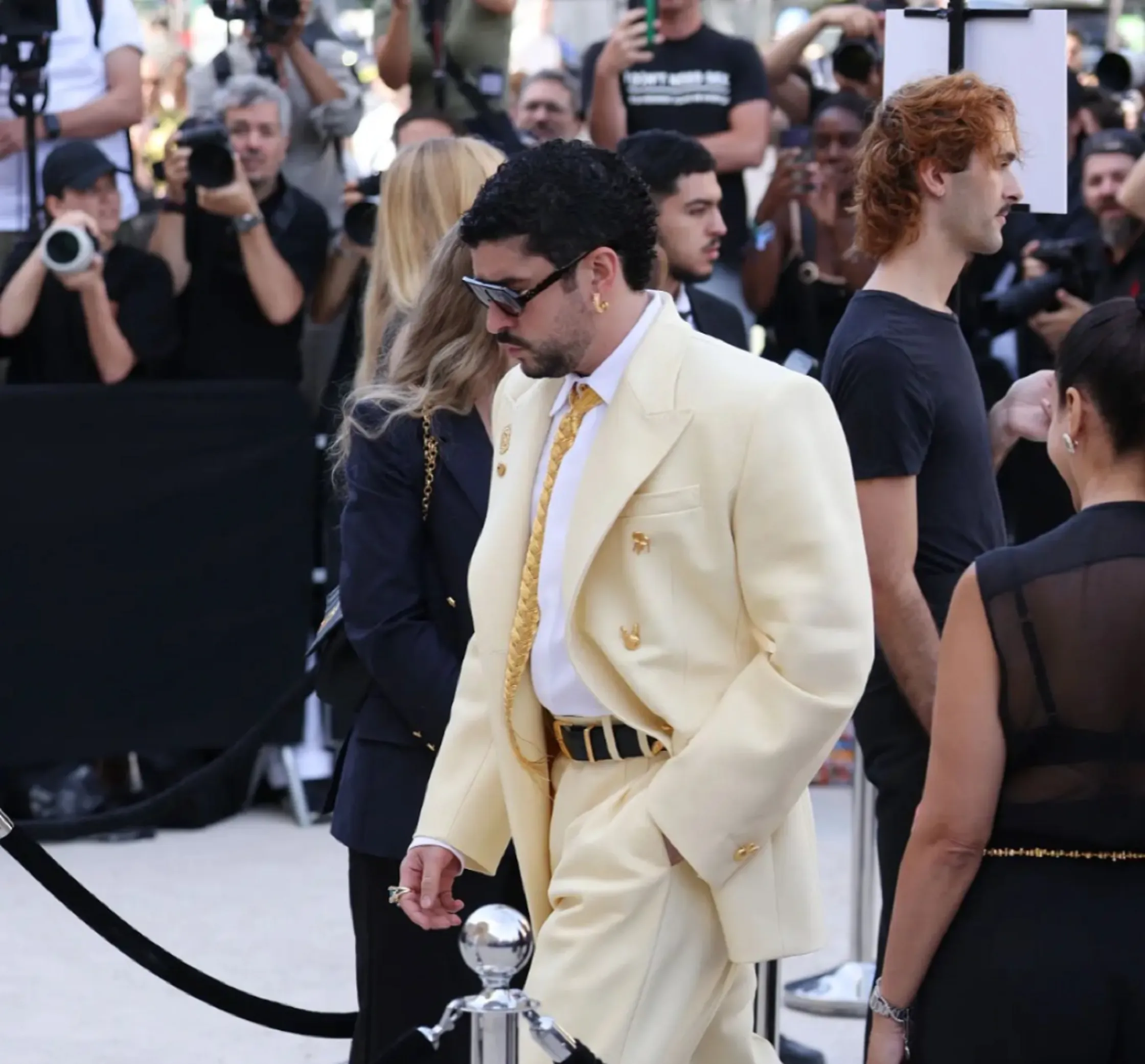 Paris Fashion Week Haute Couture 2026/2027 celebrities including Bad Bunny, Law Roach, Christian Louboutin, and Jordan Roth at Schiaparelli front row.